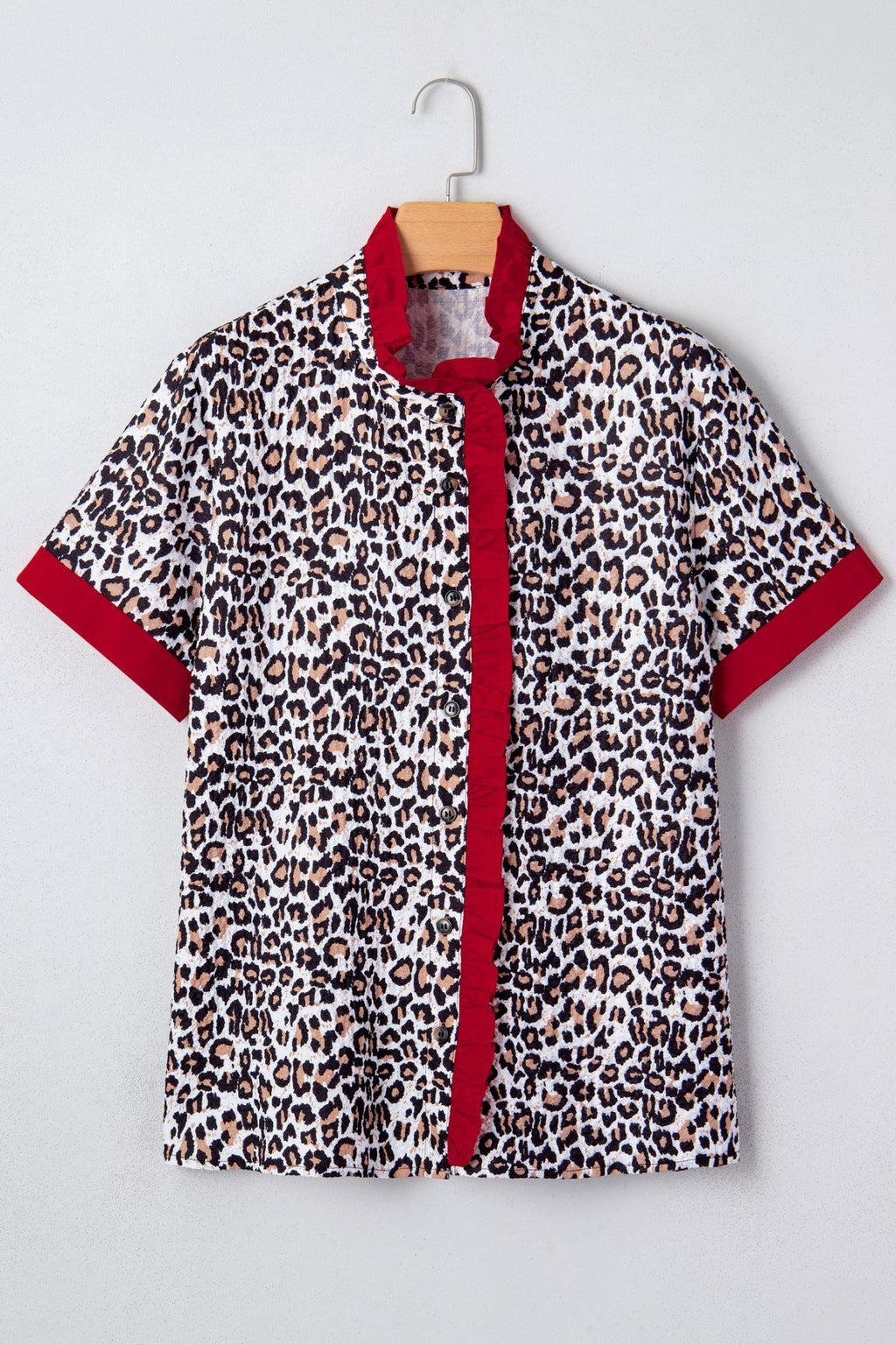 Leopard Contrast Trim Frilled V-Neck Shirt - Rooted & Reckless Co.