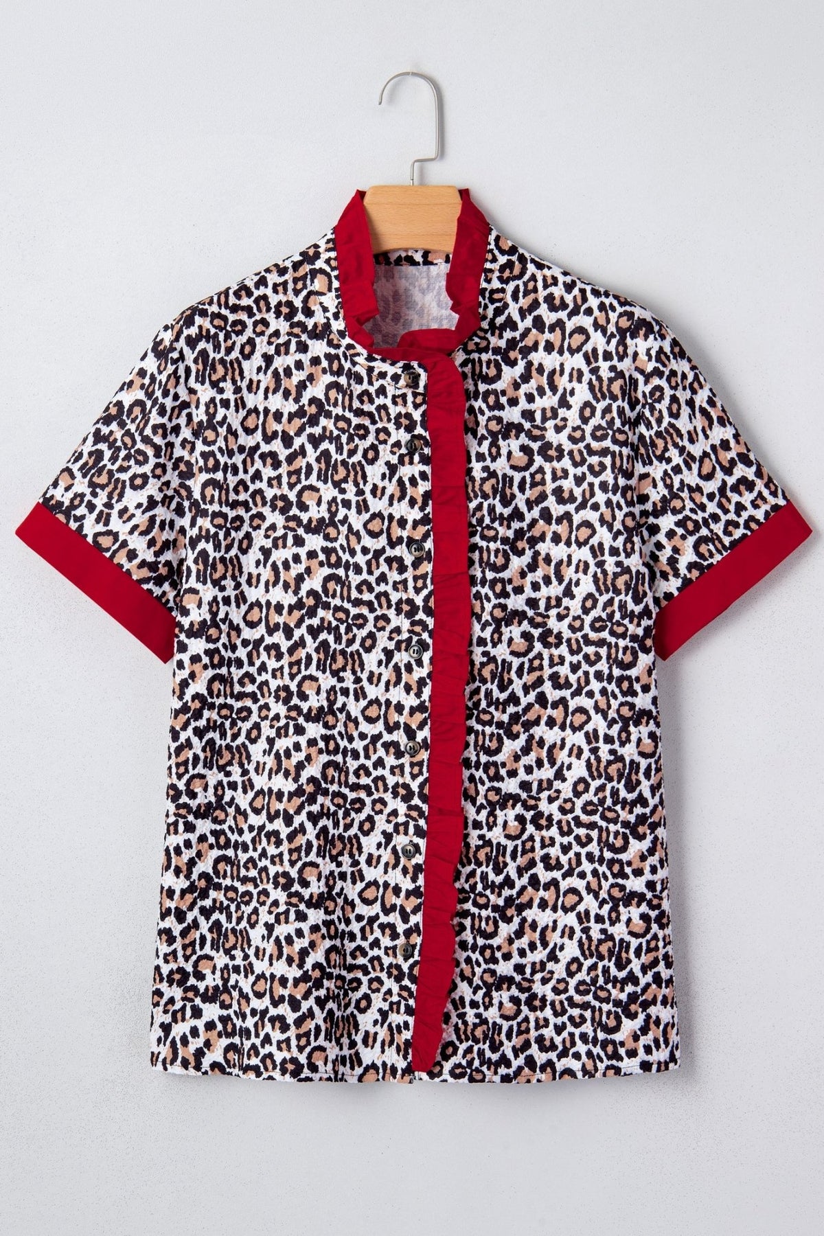 Leopard Contrast Trim Frilled V-Neck Shirt - Rooted & Reckless Co.