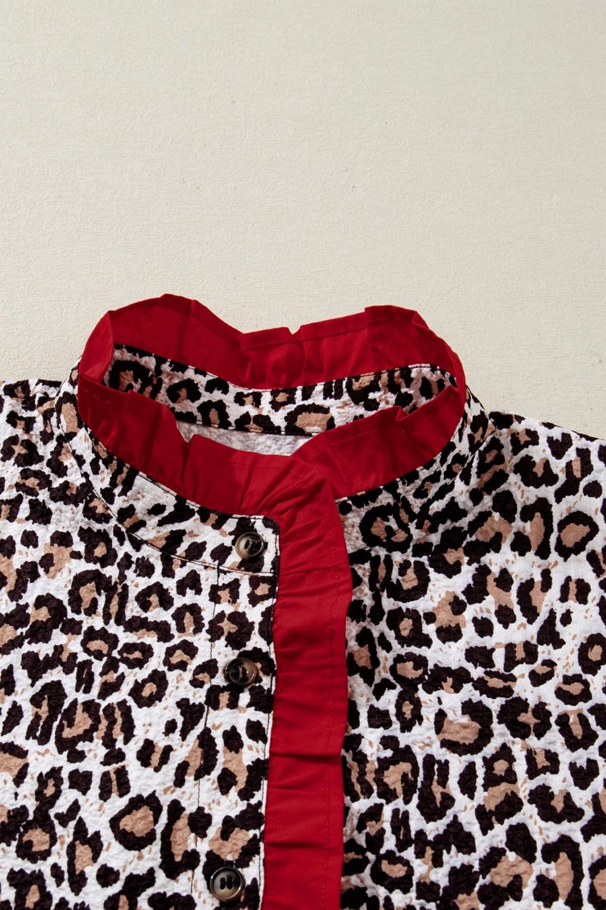 Leopard Contrast Trim Frilled V-Neck Shirt - Rooted & Reckless Co.