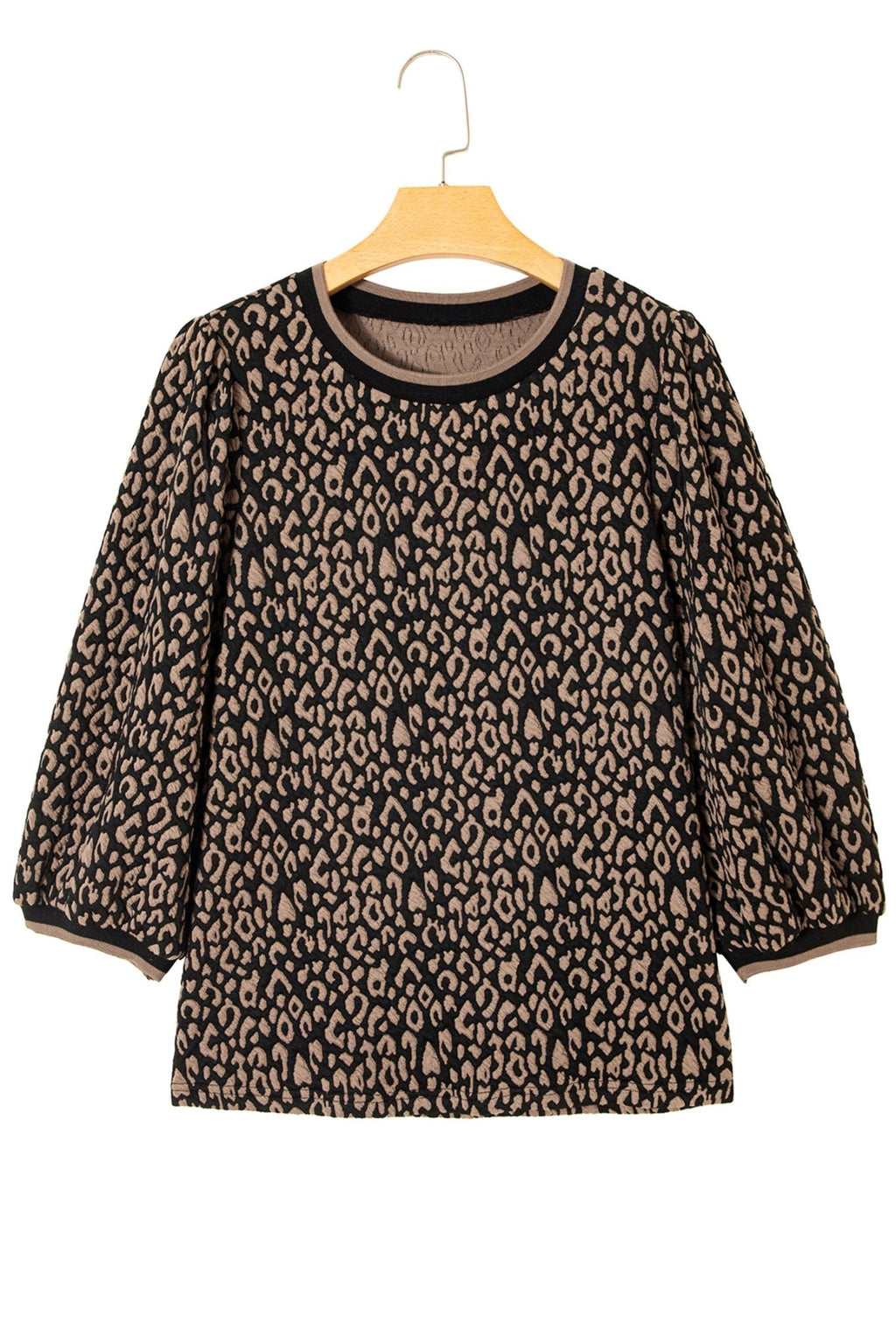 Leopard Contrast Trim Puffy 3/4 Sleeve Top - Rooted & Reckless Co.