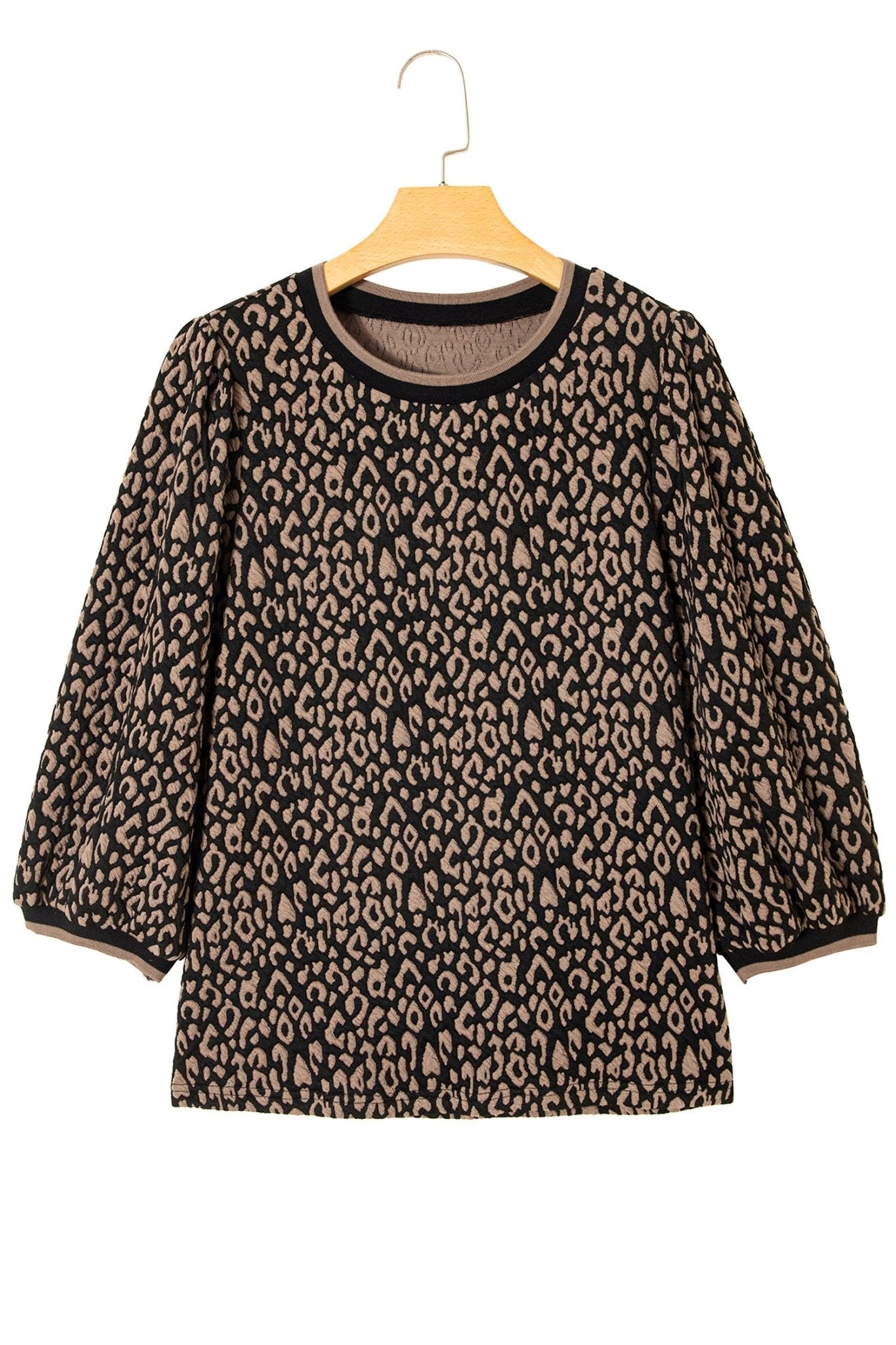 Leopard Contrast Trim Puffy 3/4 Sleeve Top - Rooted & Reckless Co.
