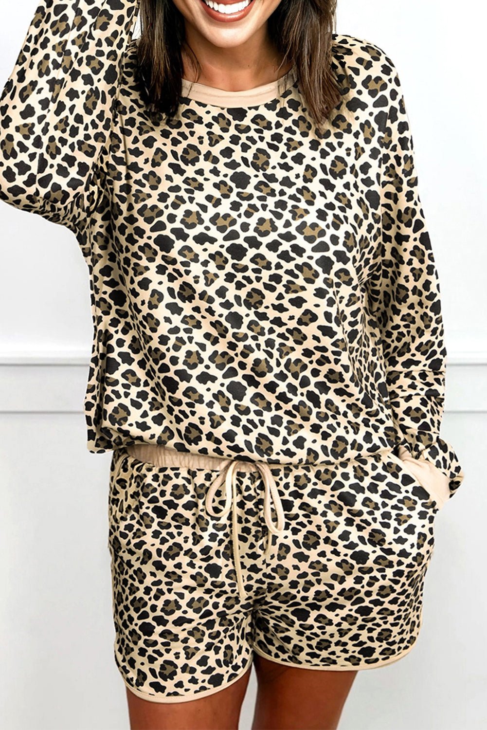 Leopard Contrast Trim Pullover and Drawstring Shorts Set - Rooted & Reckless Co.