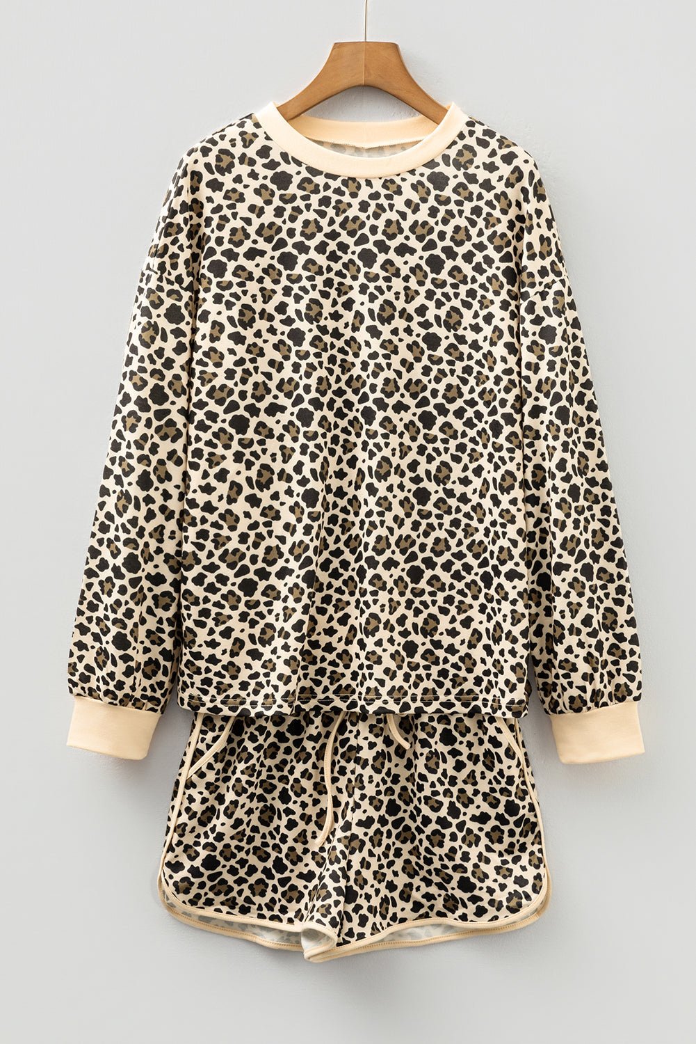 Leopard Contrast Trim Pullover and Drawstring Shorts Set - Rooted & Reckless Co.