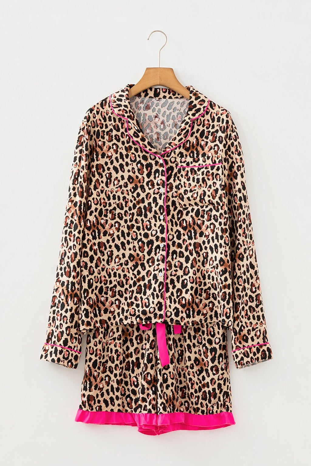 Leopard Contrast Trim Shirt and Ruffle Hem Short Set - Rooted & Reckless Co.