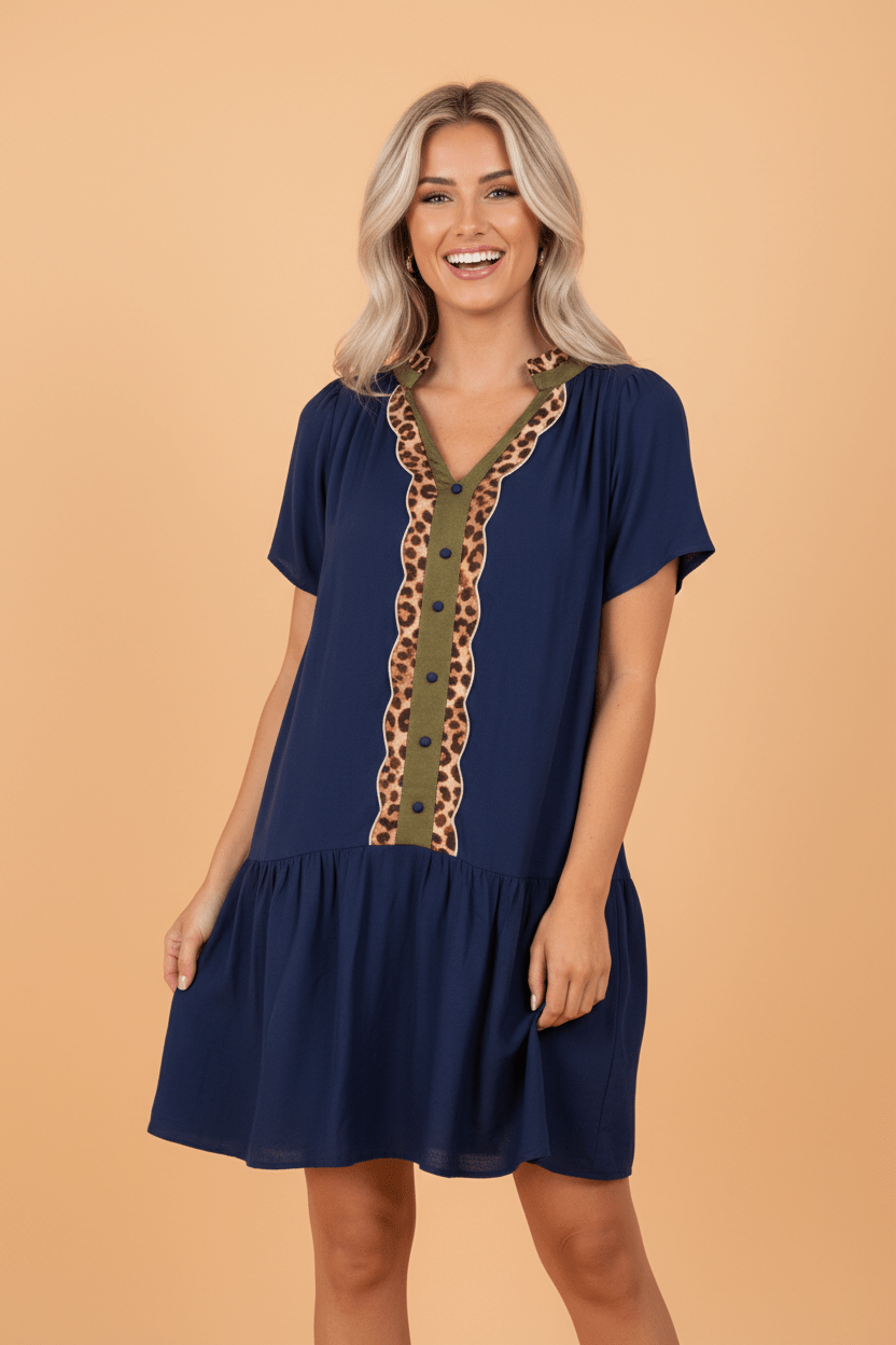 Leopard Contrast Trim Short Sleeve Drop Waist Dress - Rooted & Reckless Co.