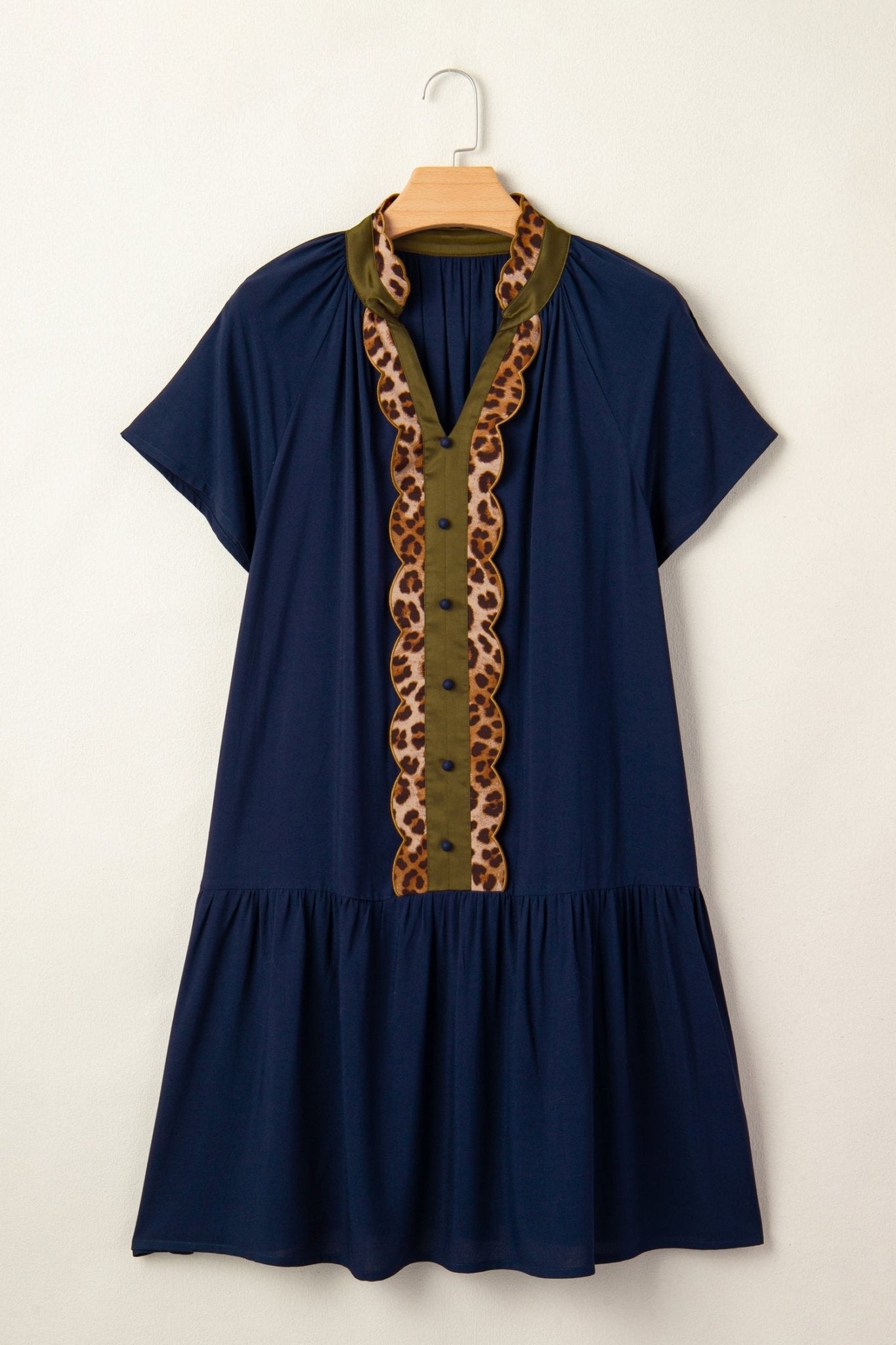 Leopard Contrast Trim Short Sleeve Drop Waist Dress - Rooted & Reckless Co.