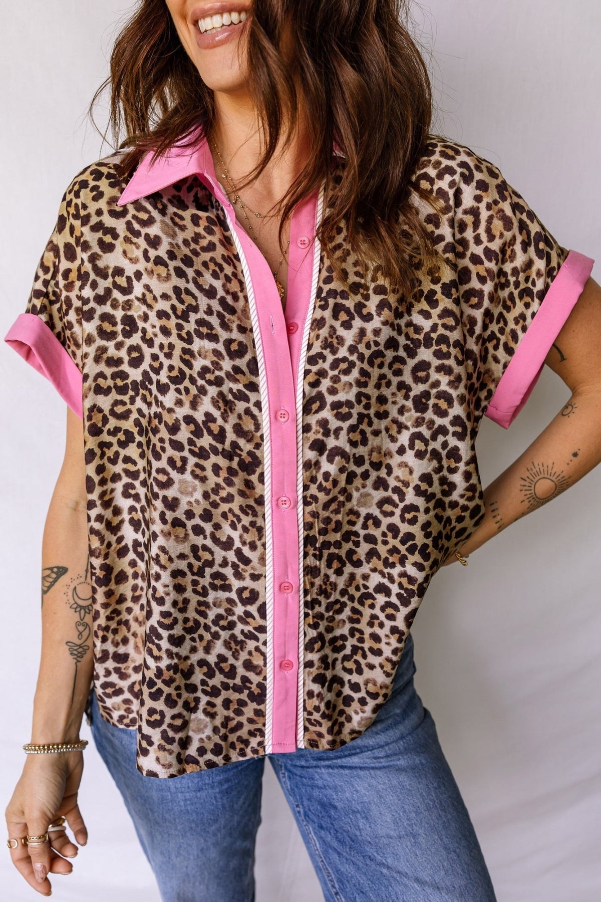 Leopard Contrast Trim Short Sleeve Shirt - Rooted & Reckless Co.