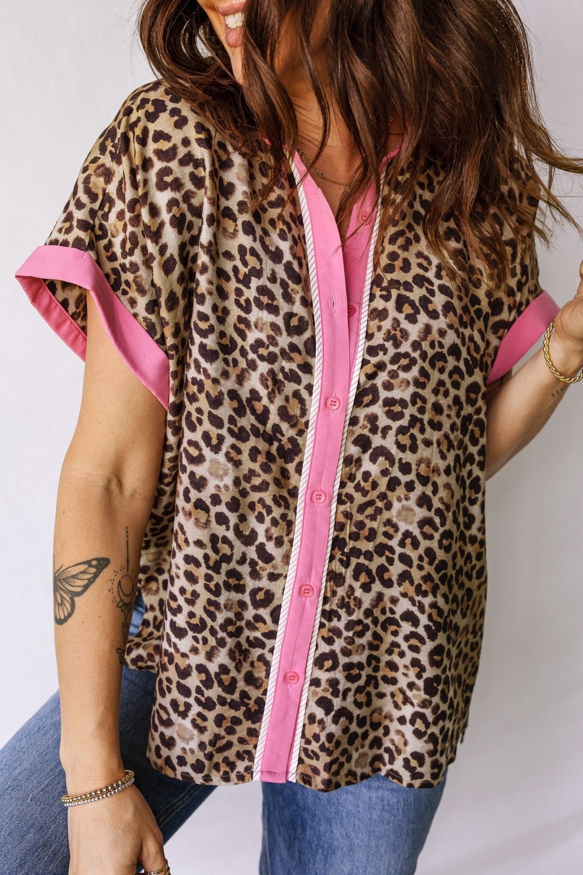 Leopard Contrast Trim Short Sleeve Shirt - Rooted & Reckless Co.