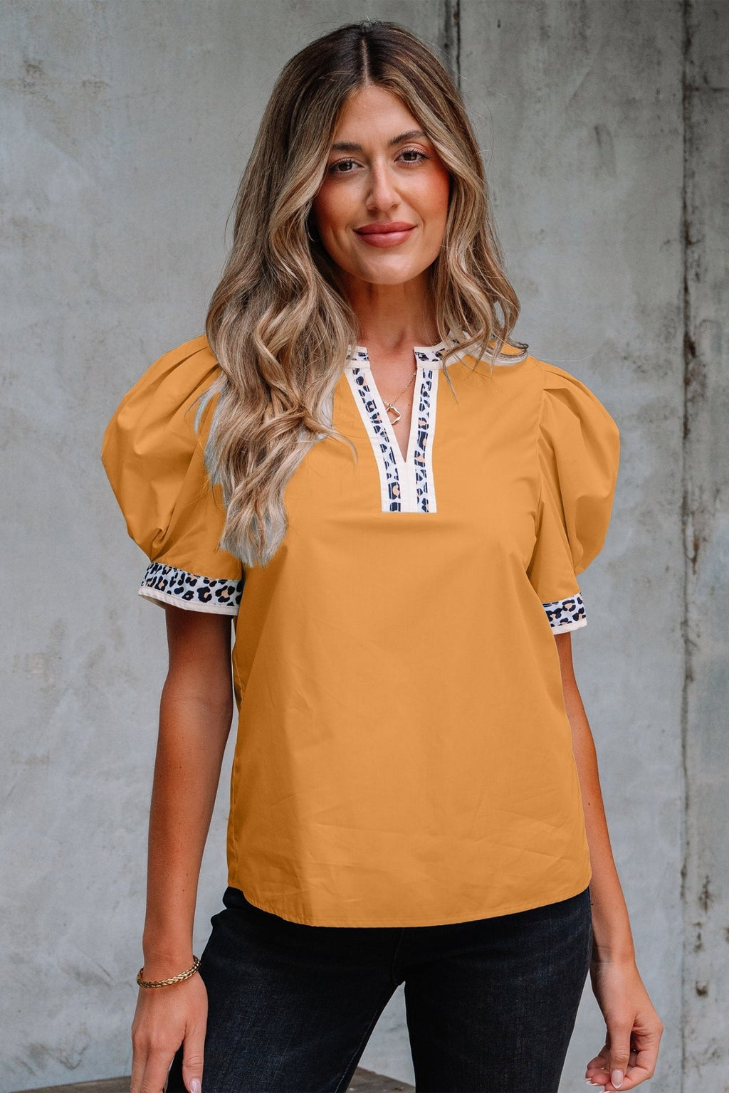 Leopard Contrast Trim Split Neck Puff Sleeve Blouse - Rooted & Reckless Co.