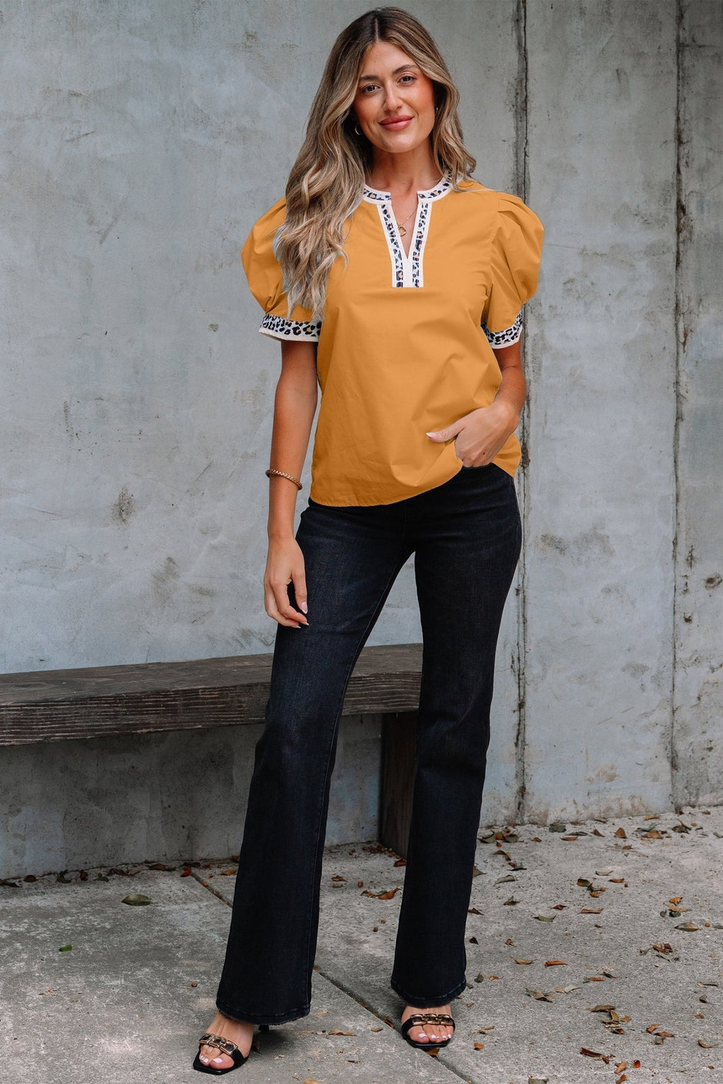 Leopard Contrast Trim Split Neck Puff Sleeve Blouse - Rooted & Reckless Co.
