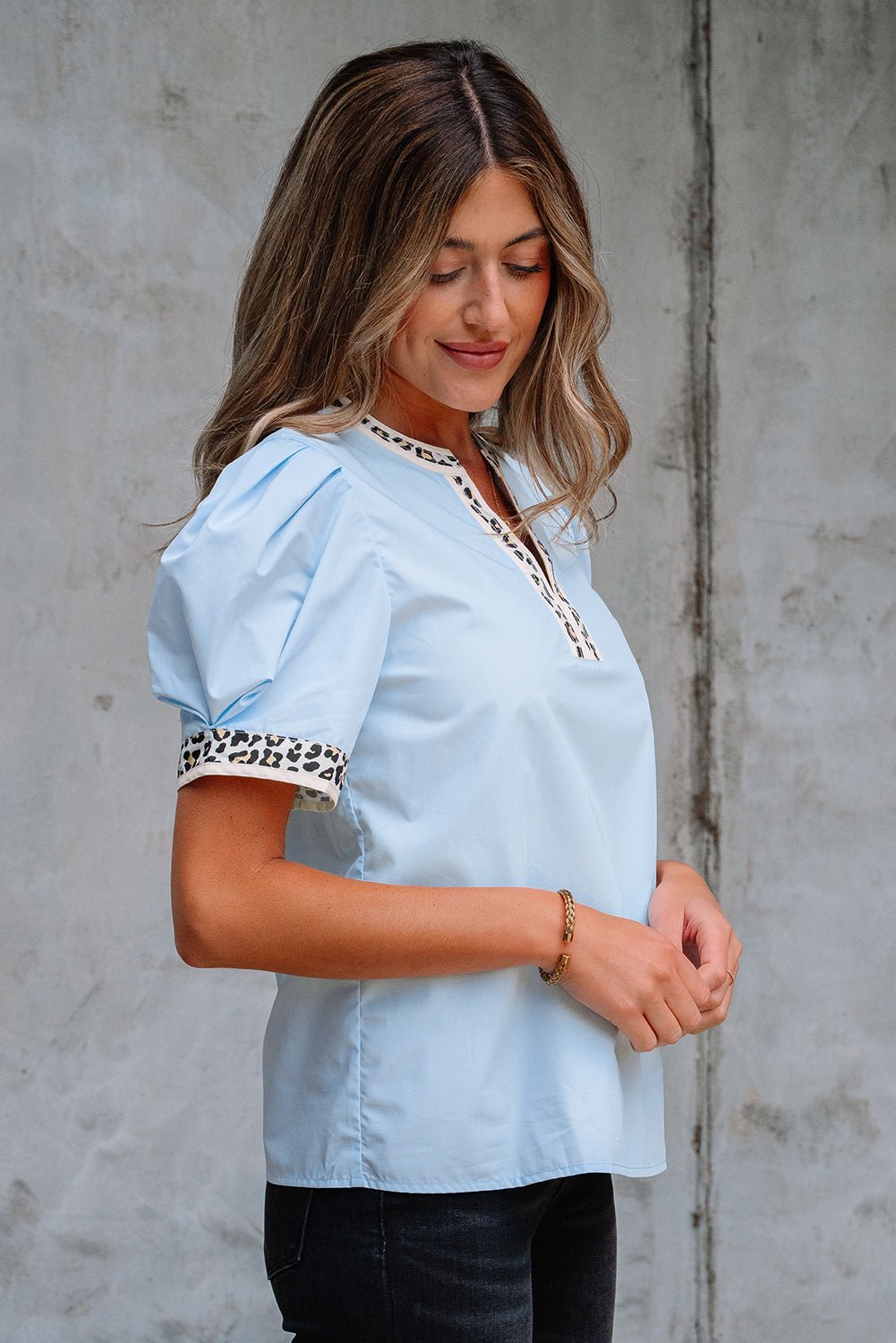 Leopard Contrast Trim Split Neck Puff Sleeve Blouse - Rooted & Reckless Co.