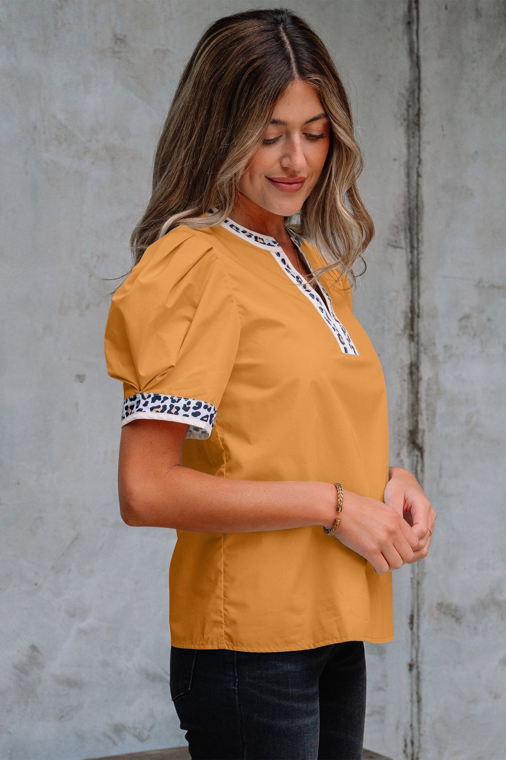 Leopard Contrast Trim Split Neck Puff Sleeve Blouse - Rooted & Reckless Co.