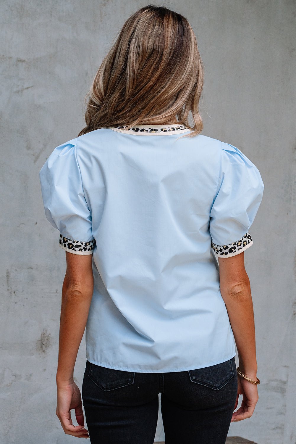 Leopard Contrast Trim Split Neck Puff Sleeve Blouse - Rooted & Reckless Co.