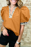 Leopard Contrast Trim Split Neck Puff Sleeve Blouse - Rooted & Reckless Co.