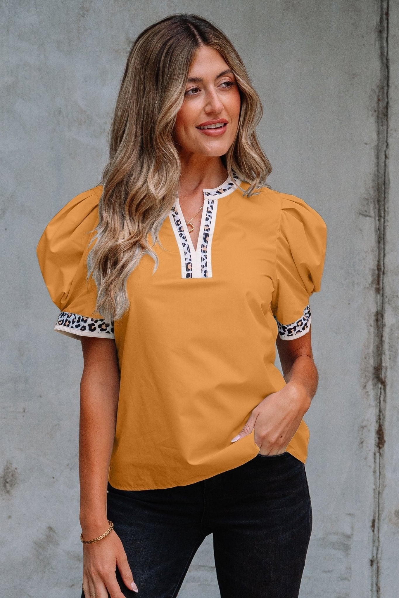 Leopard Contrast Trim Split Neck Puff Sleeve Blouse - Rooted & Reckless Co.