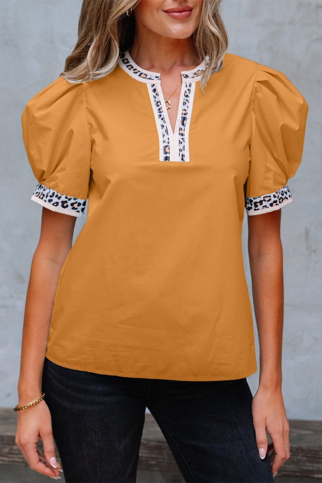 Leopard Contrast Trim Split Neck Puff Sleeve Blouse - Rooted & Reckless Co.