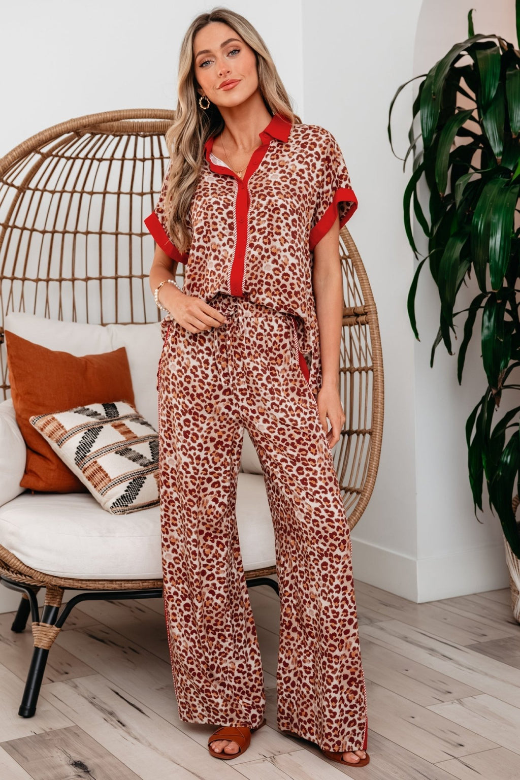 Leopard Contrast Trim Top and Pant Set - Rooted & Reckless Co.
