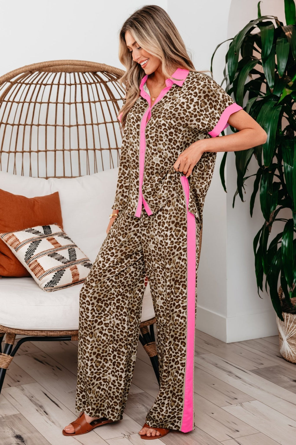 Leopard Contrast Trim Top and Pant Set - Rooted & Reckless Co.