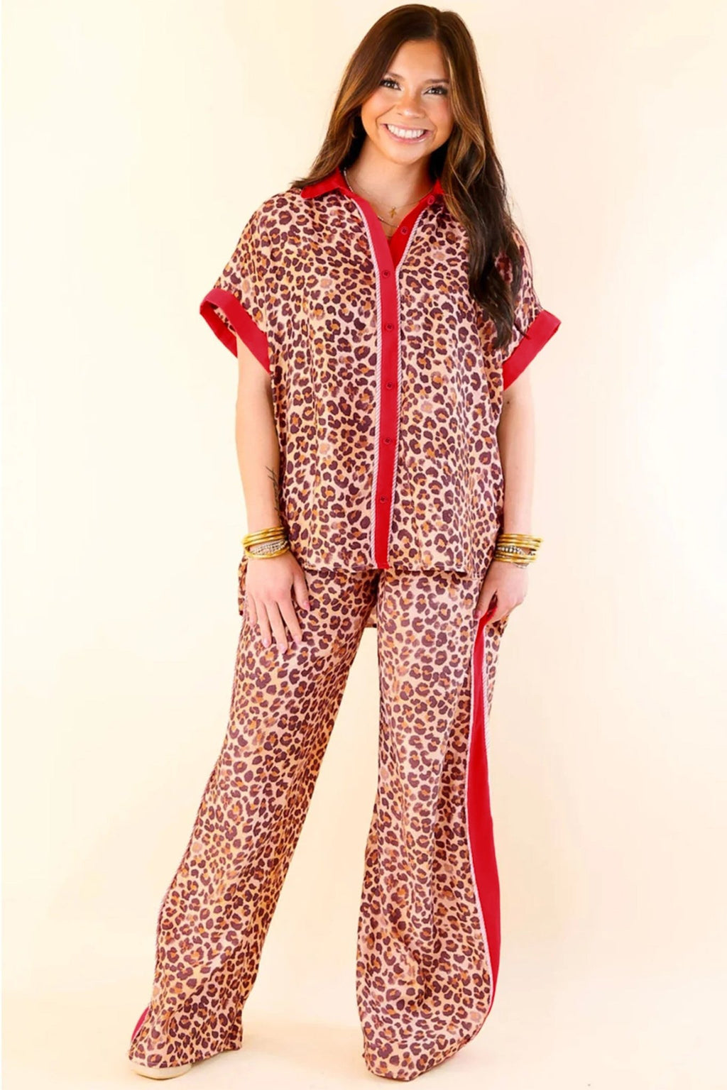 Leopard Contrast Trim Top and Pant Set - Rooted & Reckless Co.