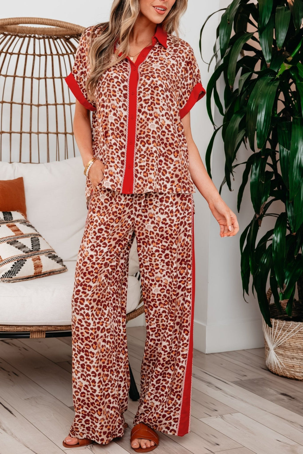 Leopard Contrast Trim Top and Pant Set - Rooted & Reckless Co.