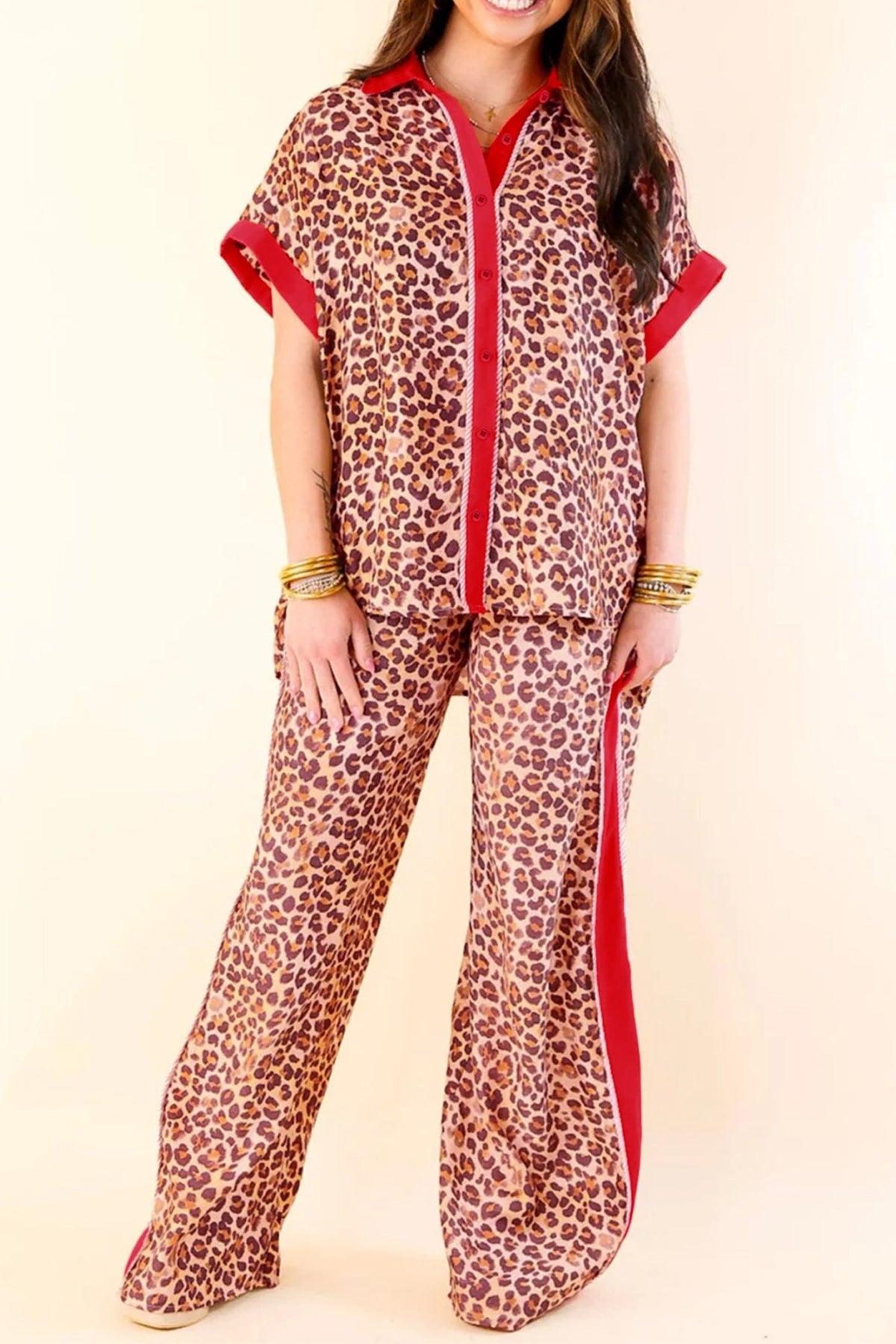 Leopard Contrast Trim Top and Pant Set - Rooted & Reckless Co.