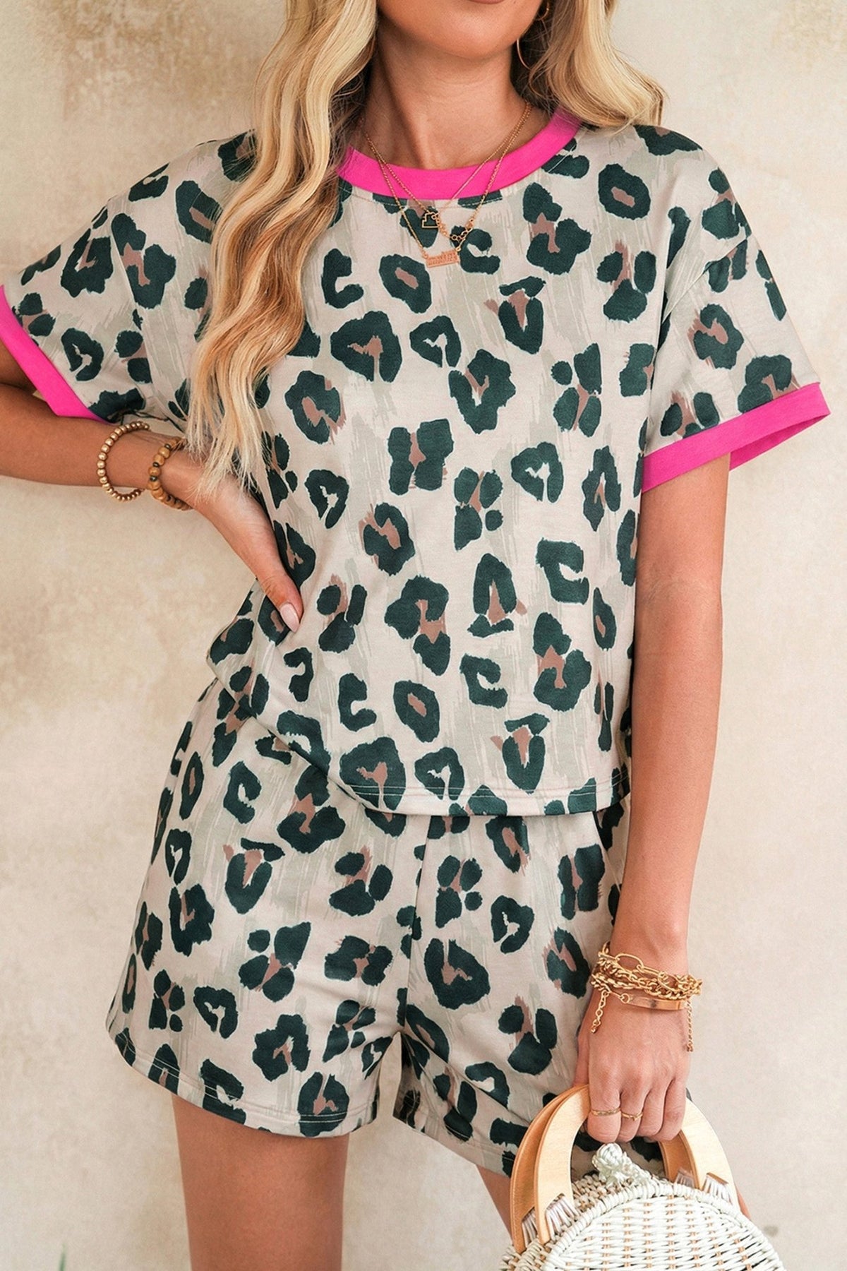 Leopard Contrast Trim Top & High Waist Shorts Set - Rooted & Reckless Co.