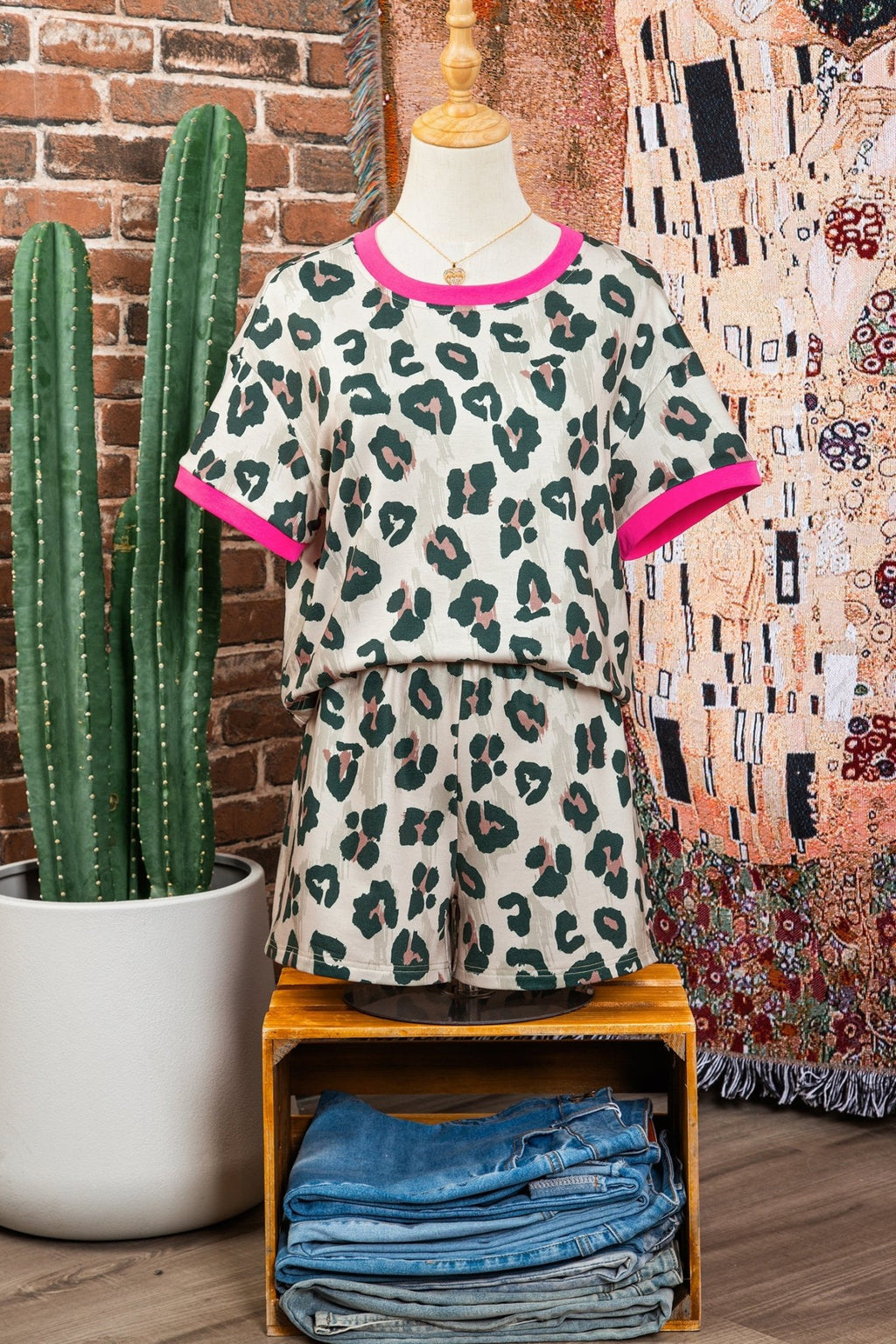 Leopard Contrast Trim Top & High Waist Shorts Set - Rooted & Reckless Co.