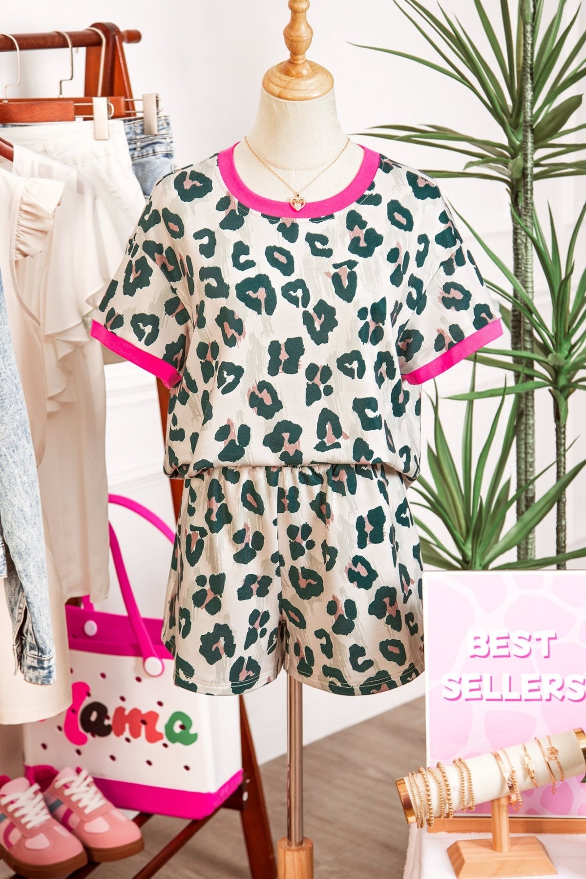 Leopard Contrast Trim Top & High Waist Shorts Set - Rooted & Reckless Co.