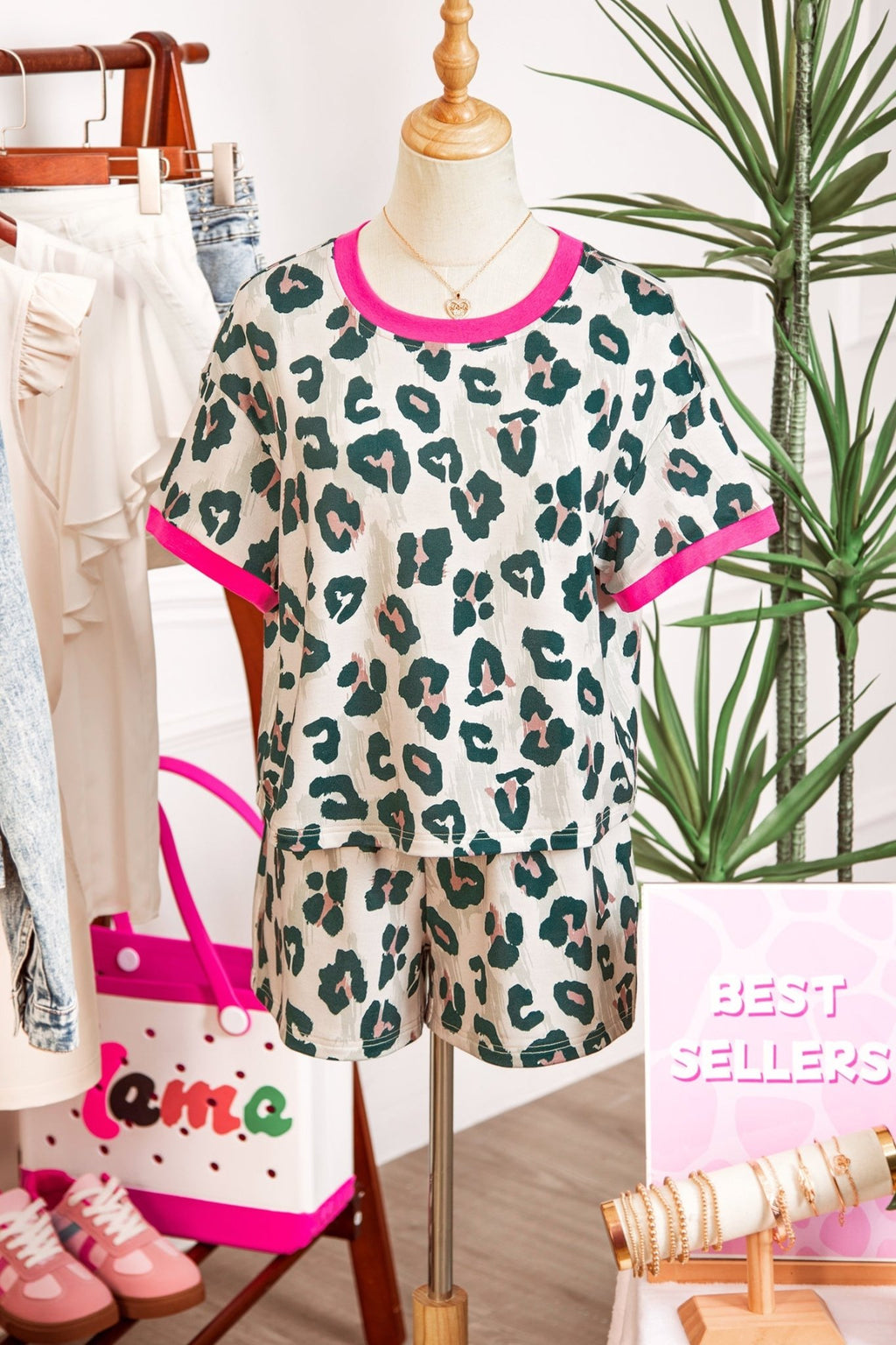 Leopard Contrast Trim Top & High Waist Shorts Set - Rooted & Reckless Co.