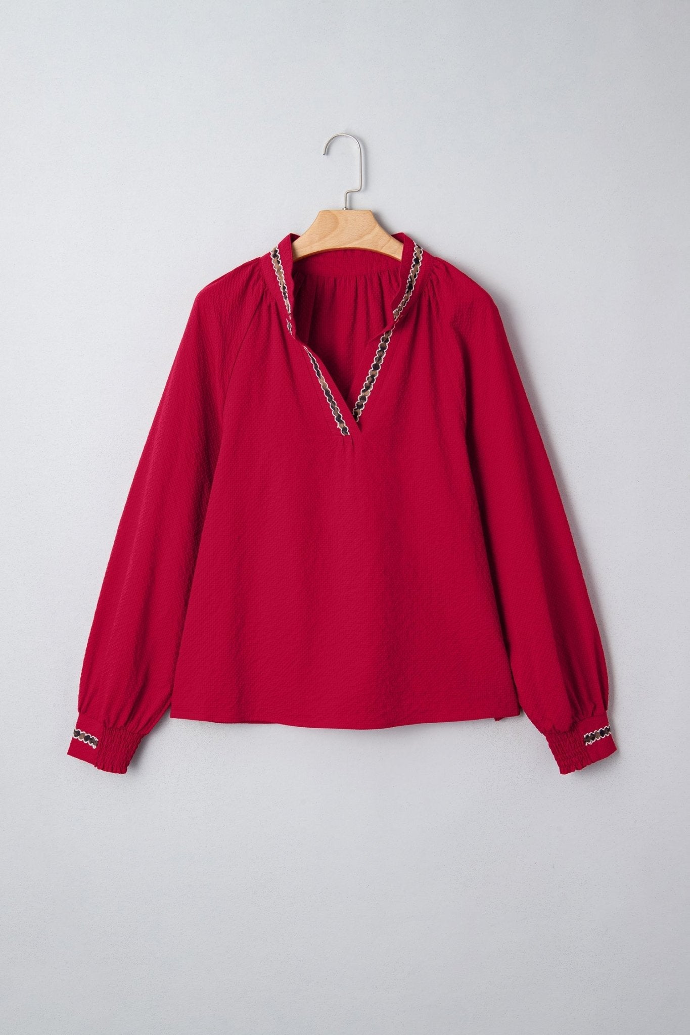 Leopard Contrast Trim V-Neck Long Sleeve Blouse - Rooted & Reckless Co.