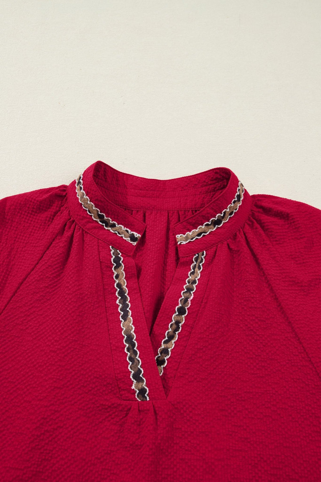 Leopard Contrast Trim V-Neck Long Sleeve Blouse - Rooted & Reckless Co.