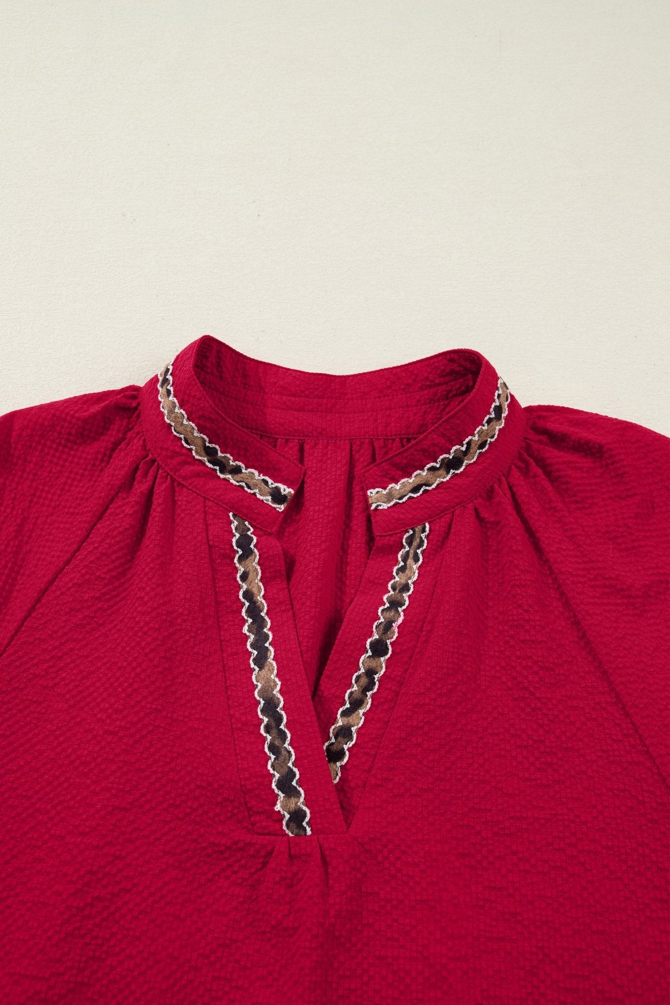 Leopard Contrast Trim V-Neck Long Sleeve Blouse - Rooted & Reckless Co.