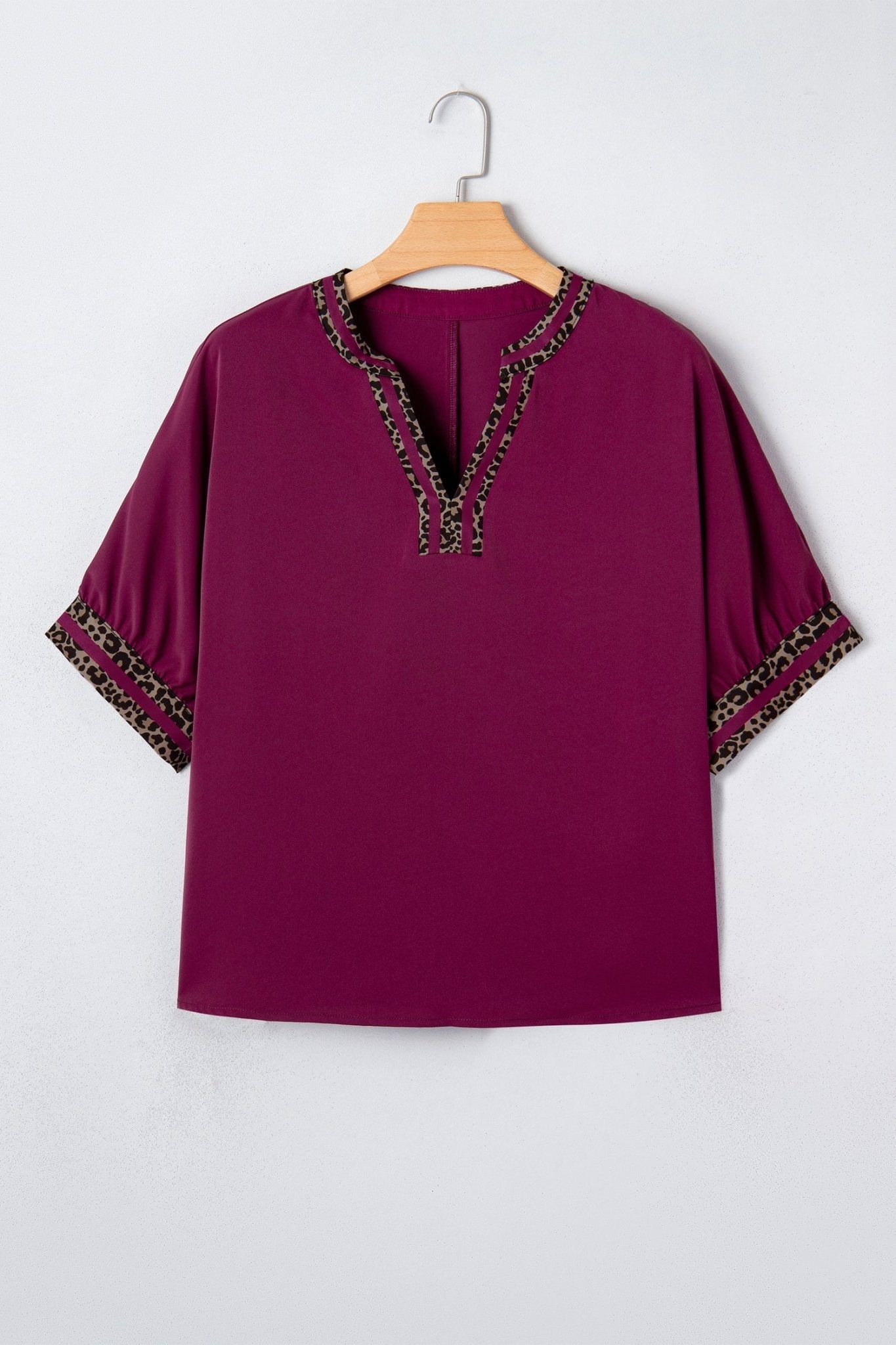 Leopard Contrast Trim V-Neck Short Sleeve Blouse - Rooted & Reckless Co.