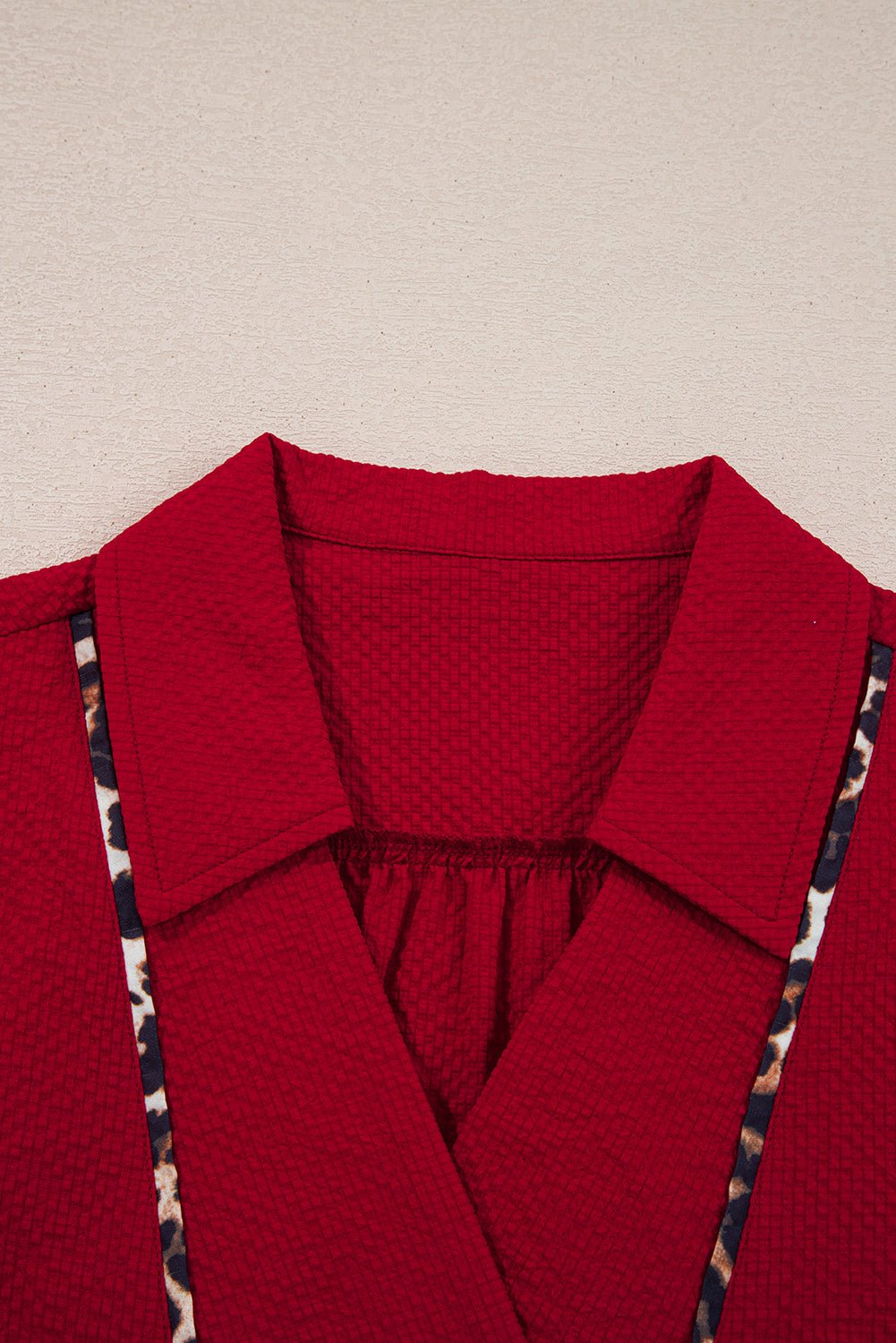Leopard Contrast Trim V-Neck Textured Blouse - Rooted & Reckless Co.