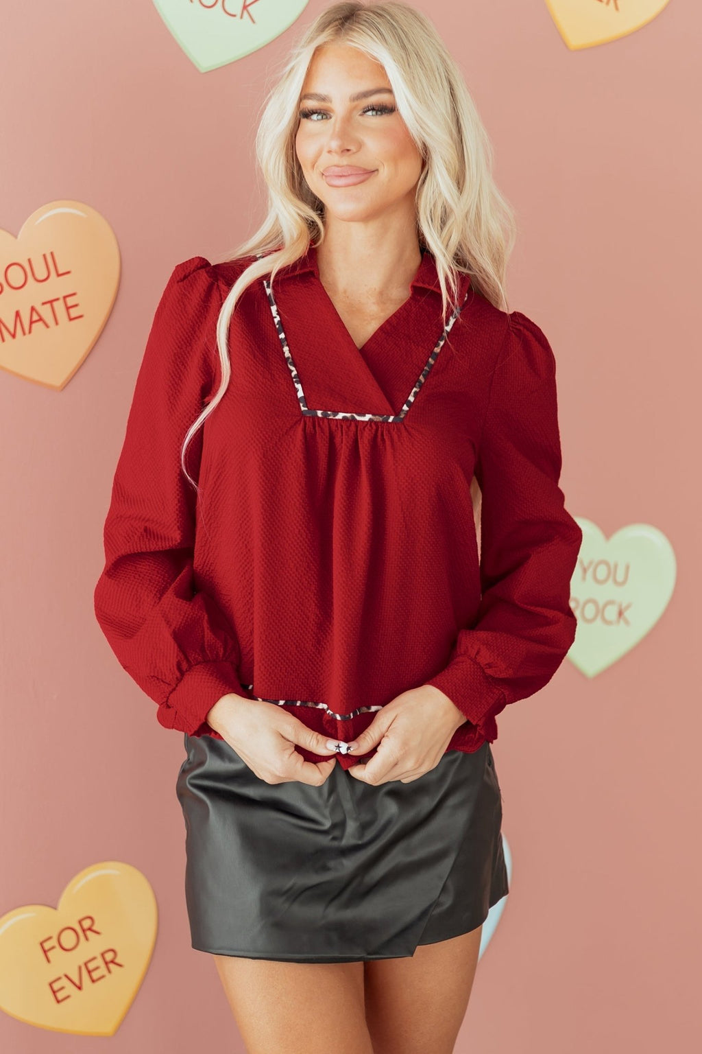Leopard Contrast Trim V-Neck Textured Blouse - Rooted & Reckless Co.