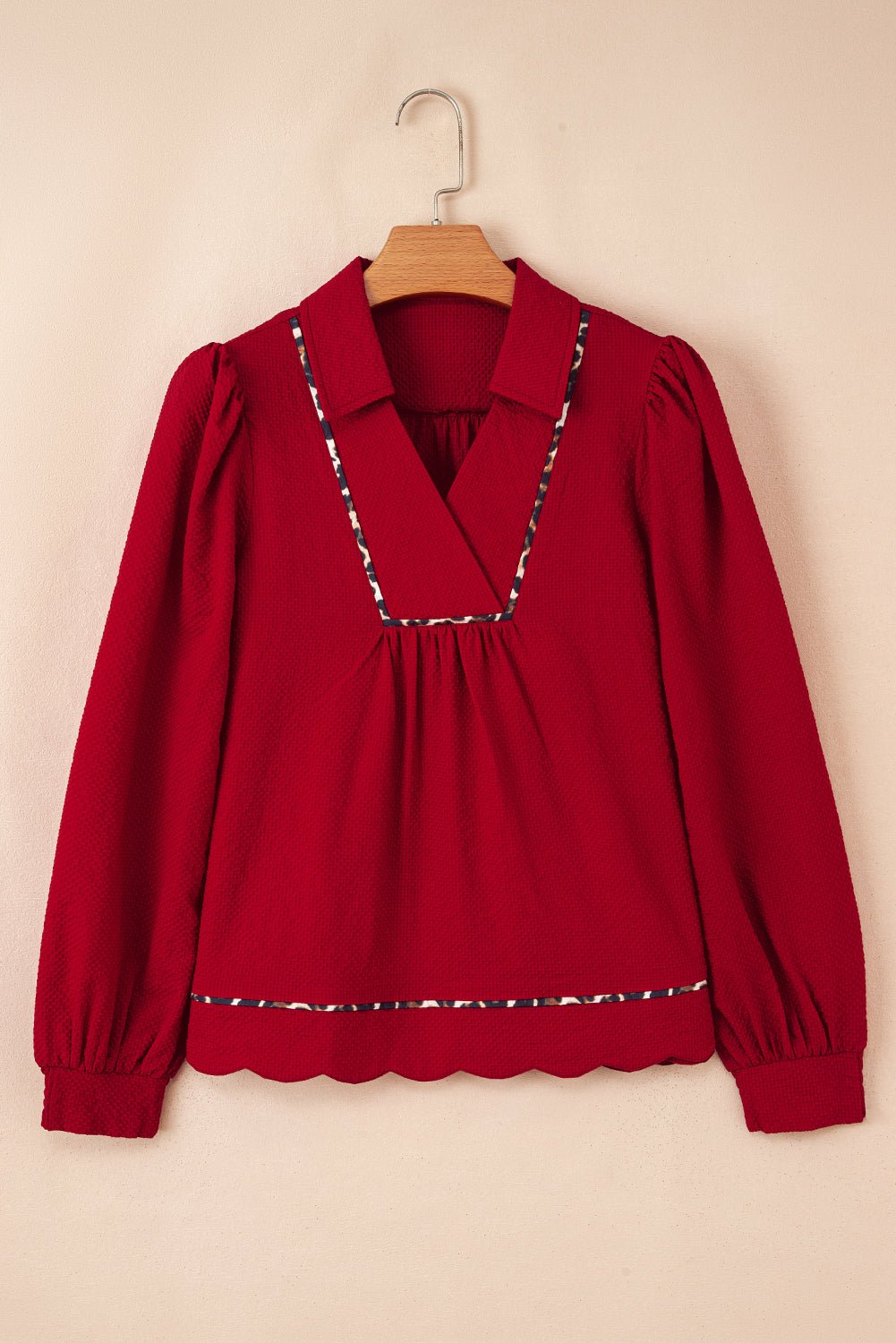 Leopard Contrast Trim V-Neck Textured Blouse - Rooted & Reckless Co.