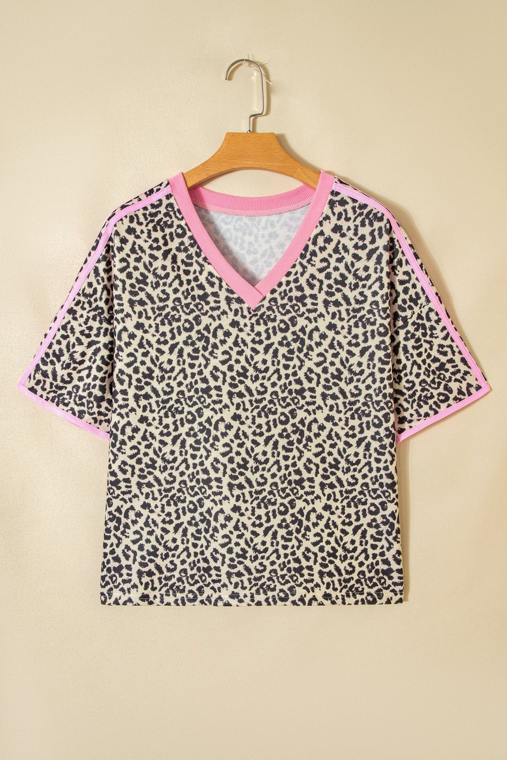 Leopard Contrast V-Neck Short Sleeve Top - Rooted & Reckless Co.