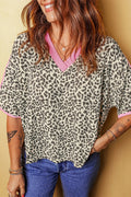 Leopard Contrast V-Neck Short Sleeve Top - Rooted & Reckless Co.