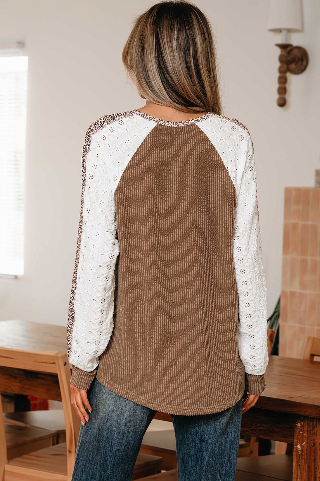 Leopard Corded Lace Patchwork Long Sleeve Top - Rooted & Reckless Co.