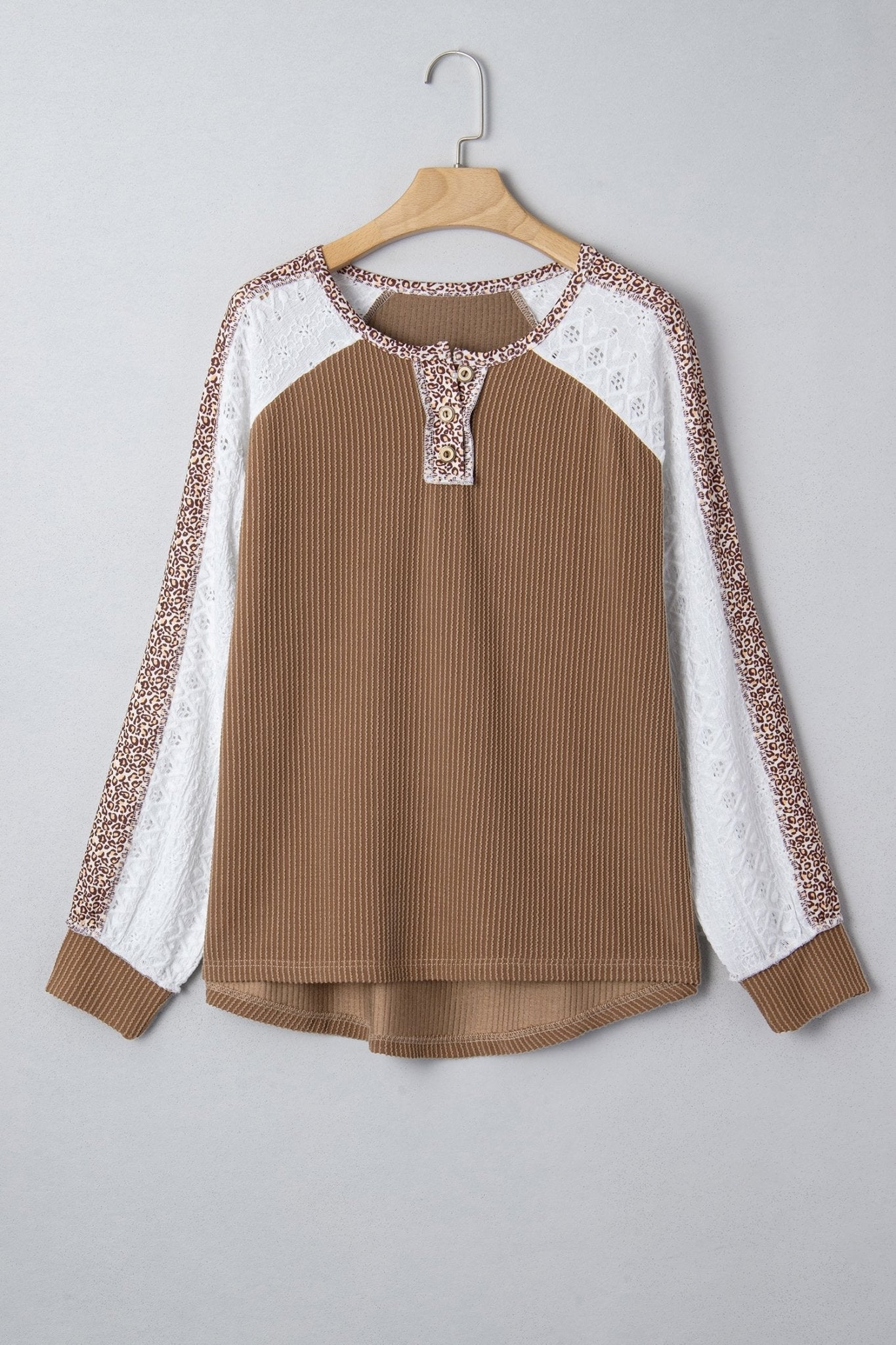 Leopard Corded Lace Patchwork Long Sleeve Top - Rooted & Reckless Co.
