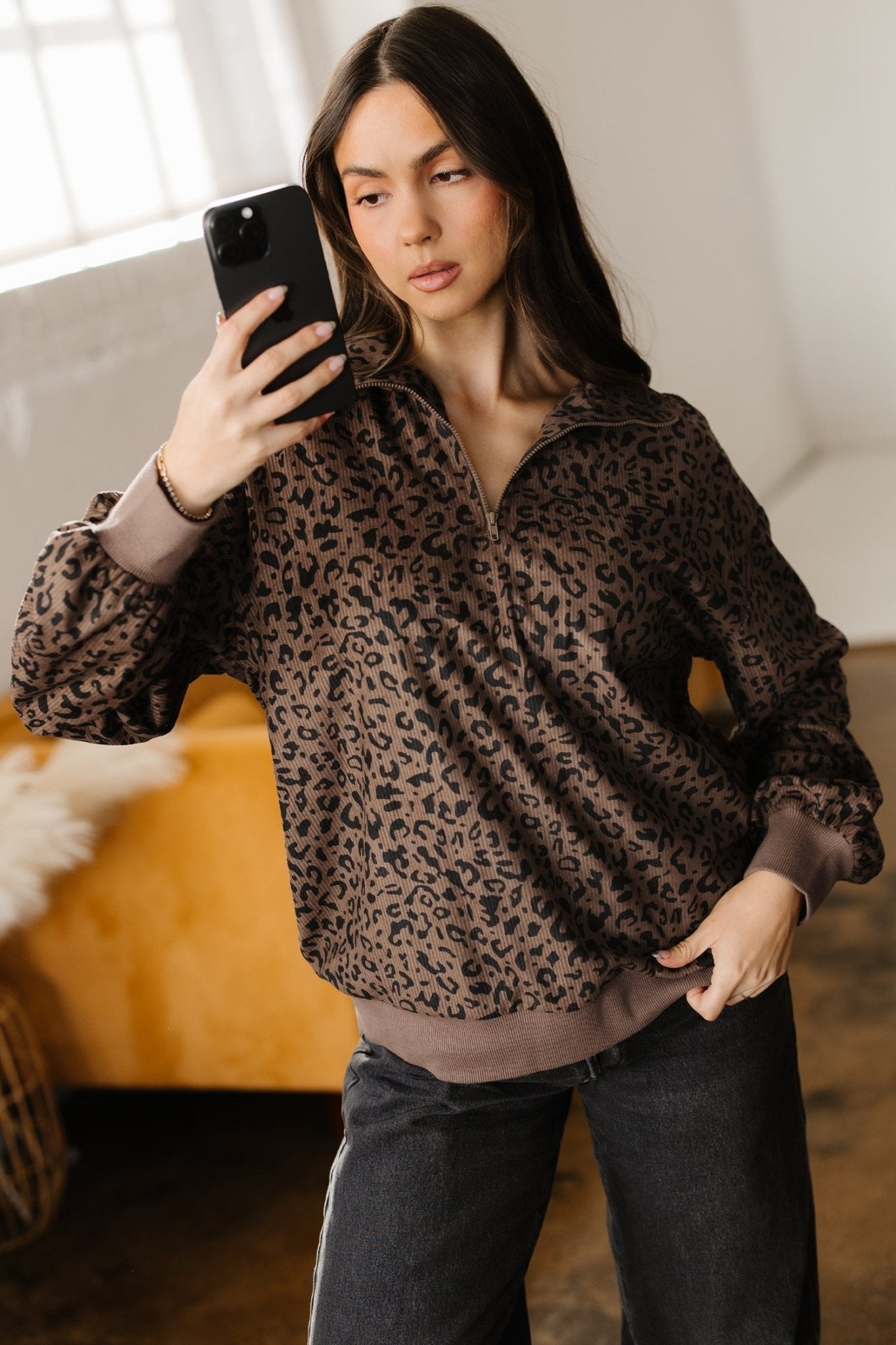 Leopard Corduroy Quarter-Zip Sweatshirt - Rooted & Reckless Co.