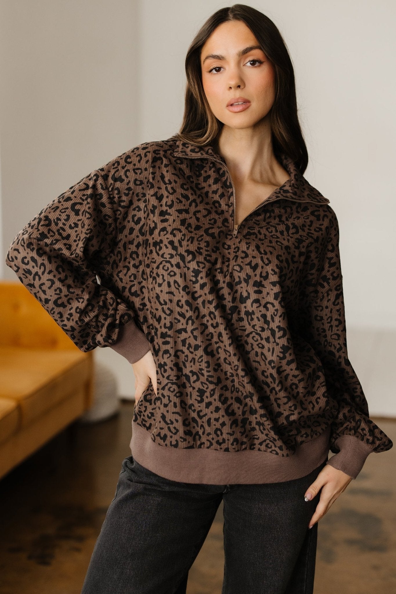 Leopard Corduroy Quarter-Zip Sweatshirt - Rooted & Reckless Co.