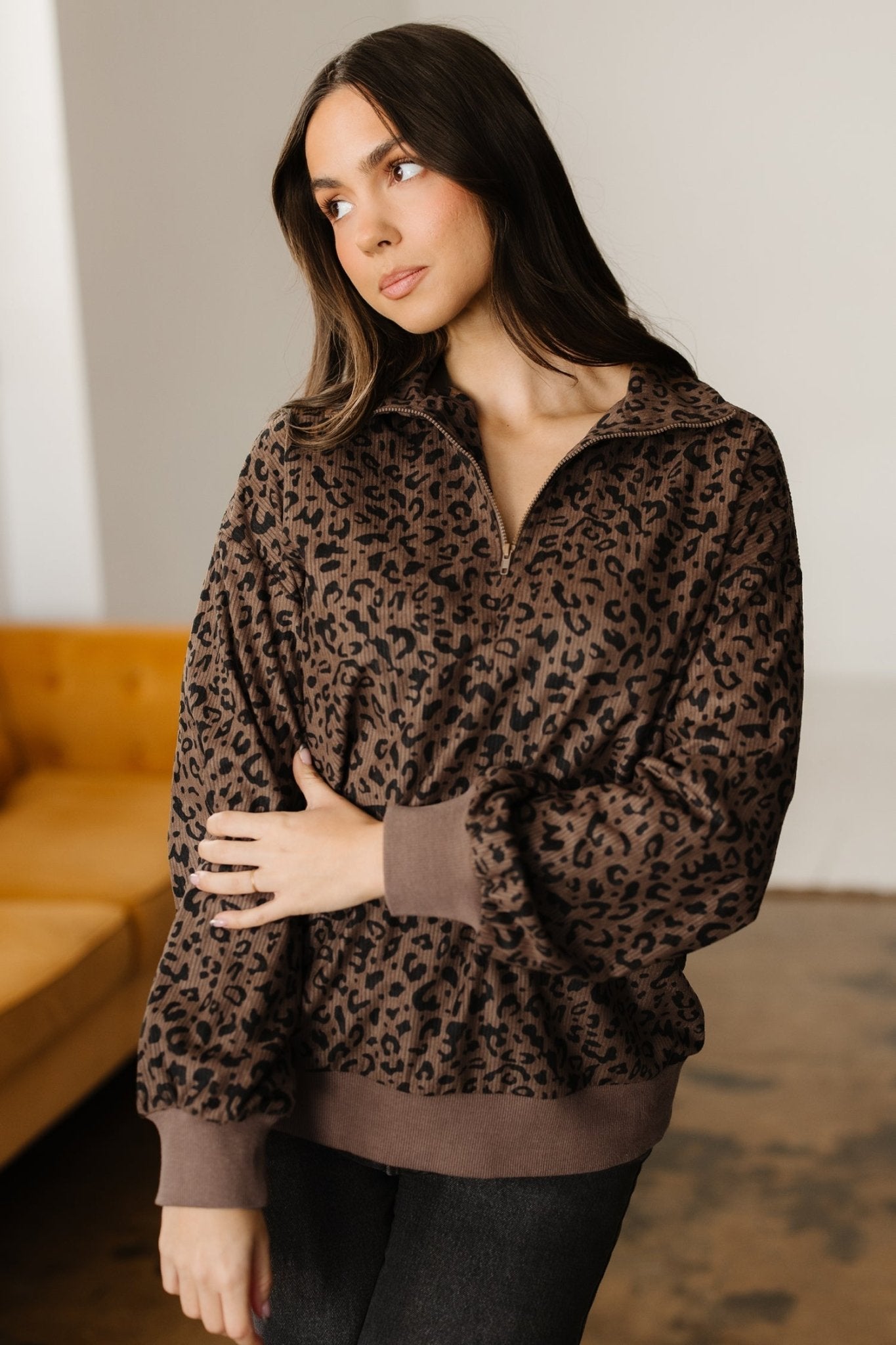 Leopard Corduroy Quarter-Zip Sweatshirt - Rooted & Reckless Co.