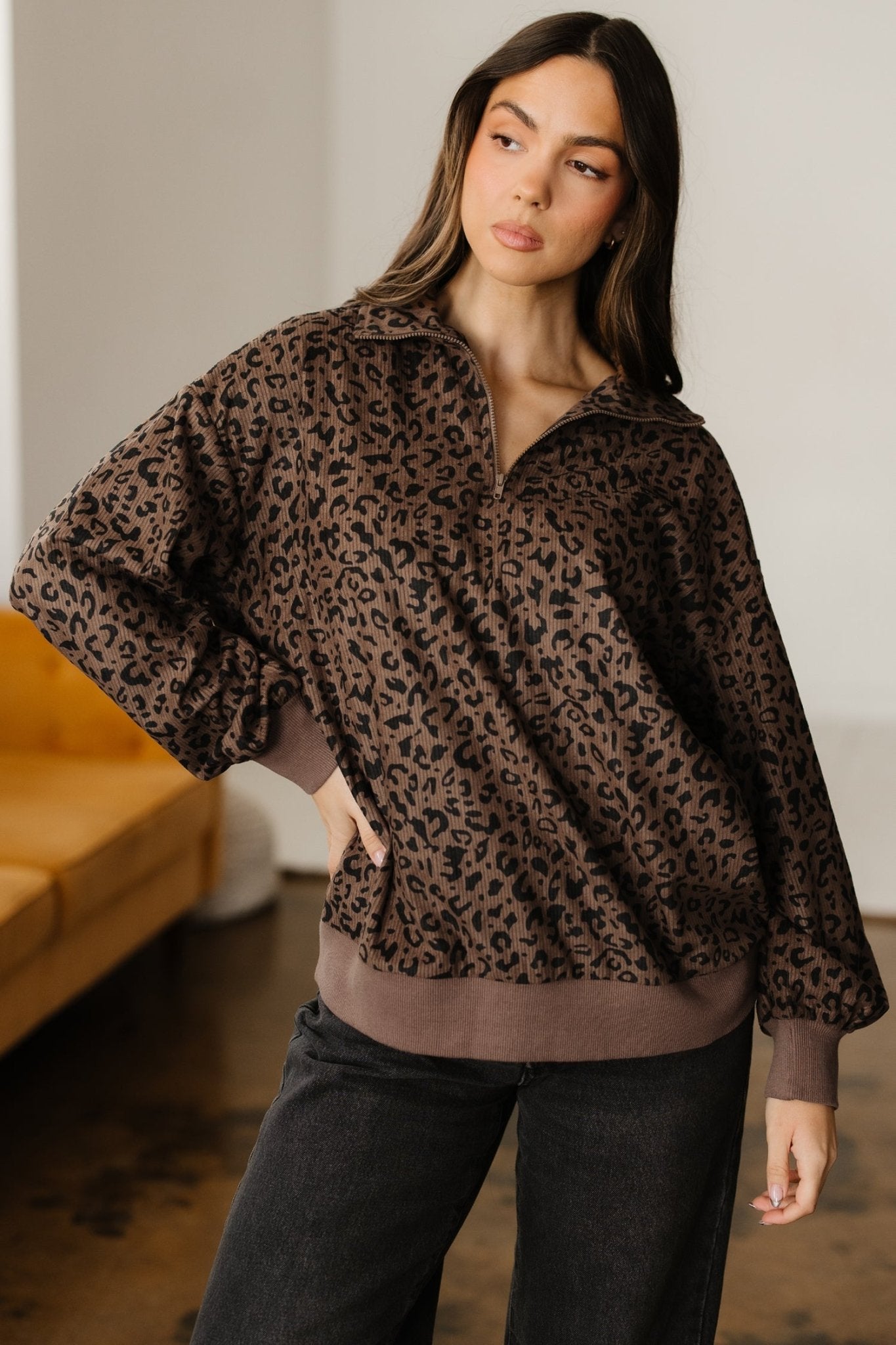 Leopard Corduroy Quarter-Zip Sweatshirt - Rooted & Reckless Co.
