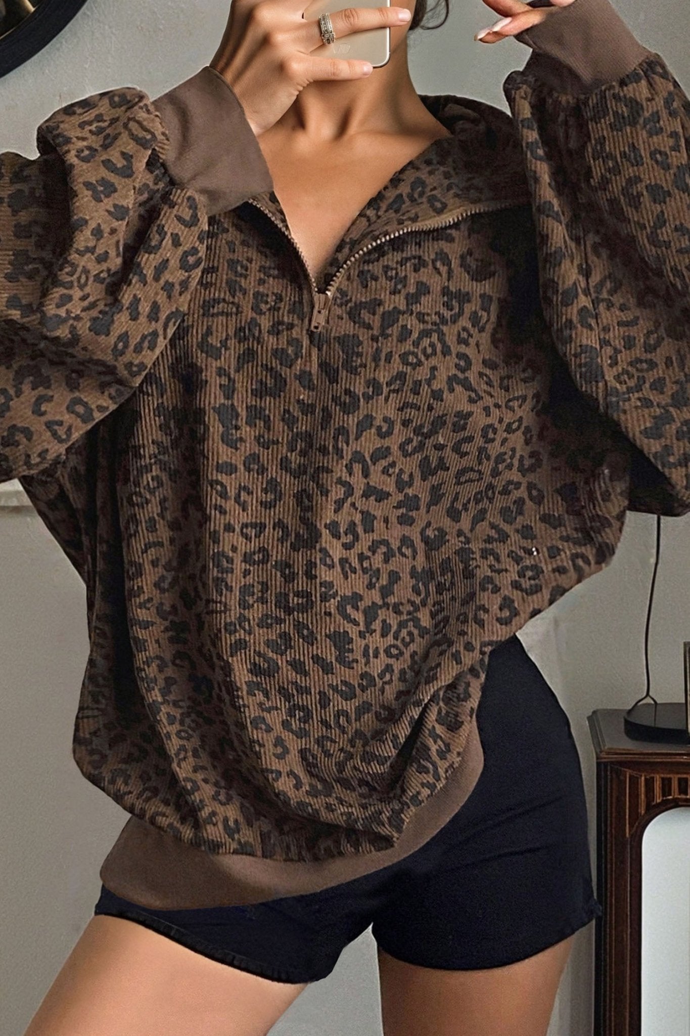 Leopard Corduroy Quarter-Zip Sweatshirt - Rooted & Reckless Co.