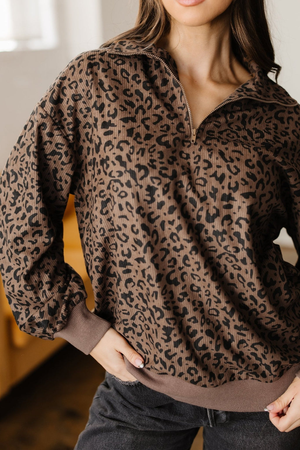 Leopard Corduroy Quarter-Zip Sweatshirt - Rooted & Reckless Co.