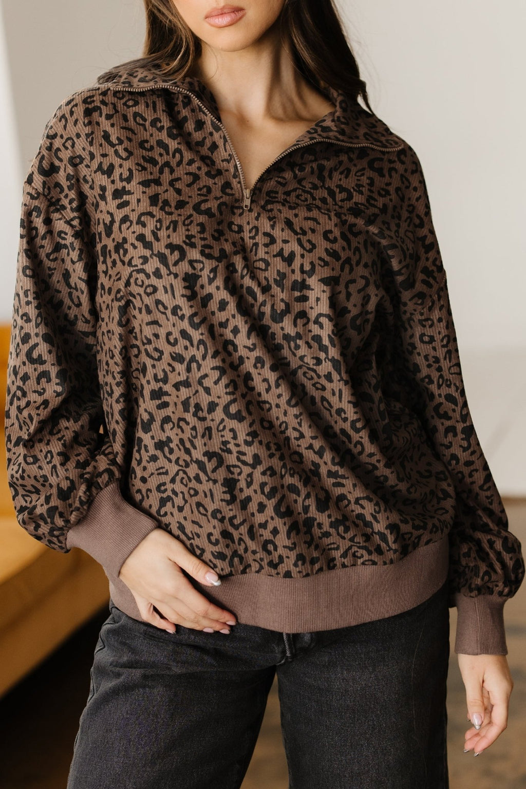 Leopard Corduroy Quarter-Zip Sweatshirt - Rooted & Reckless Co.