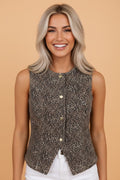Leopard Denim Button Front Vest - Rooted & Reckless Co.