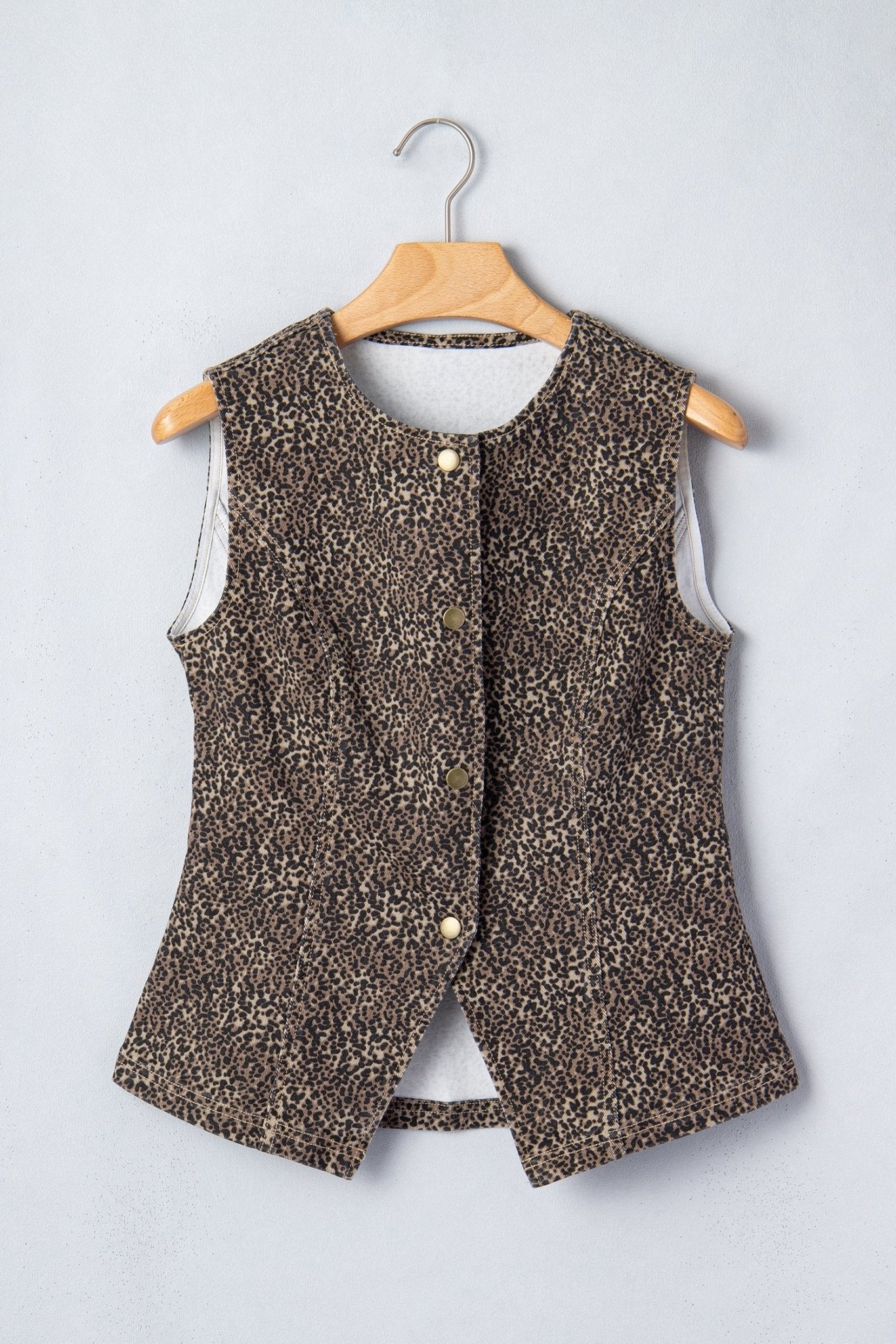 Leopard Denim Button Front Vest - Rooted & Reckless Co.