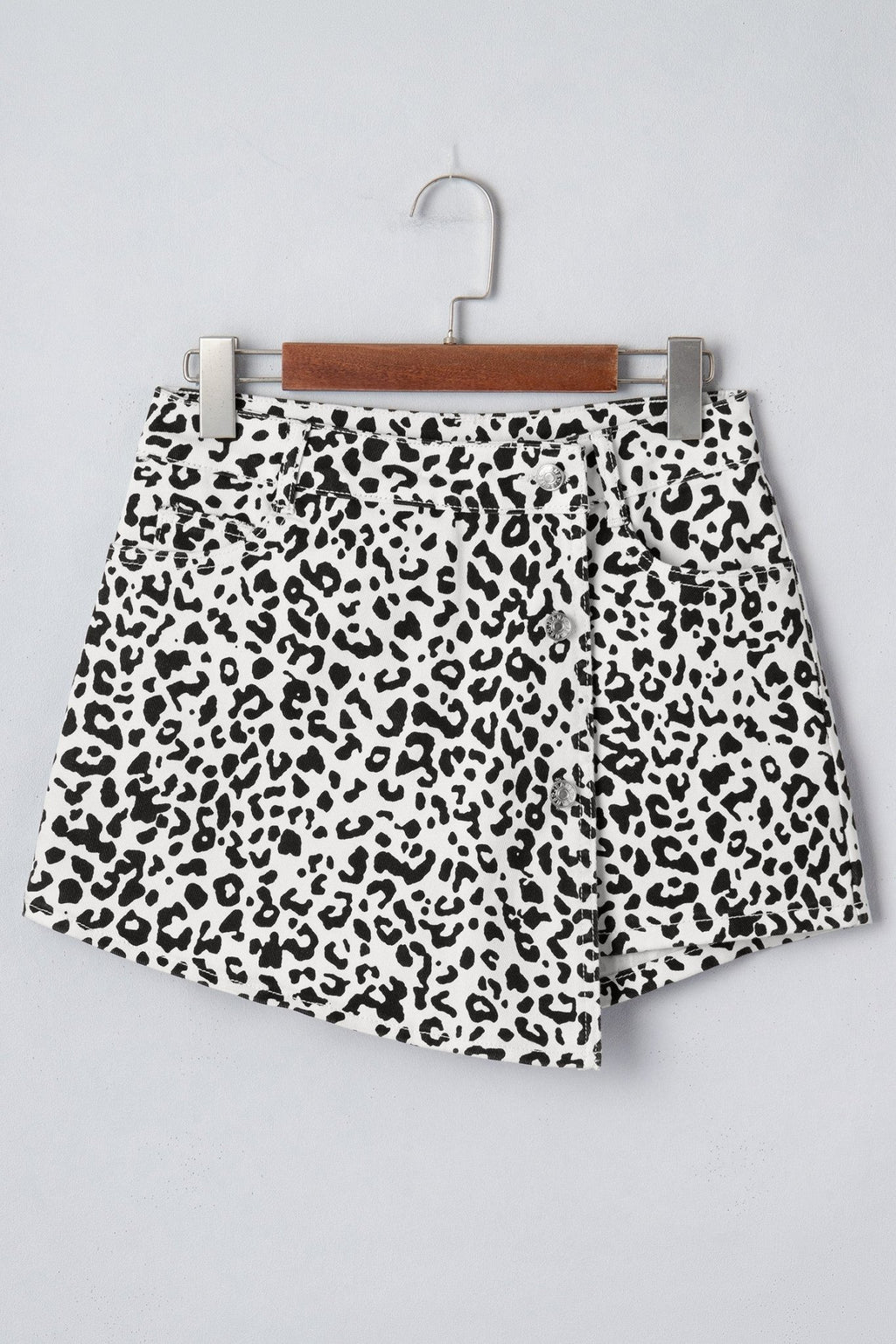 Leopard Denim Buttoned Overlap Shorts - Rooted & Reckless Co.